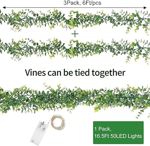 Miniatura 4 de Artflower Paquete de 3 guirnaldas artificiales de eucalipto con luces, 5.9 piespiezas de vid de eucalipto sintético, guirnalda de eucalipto