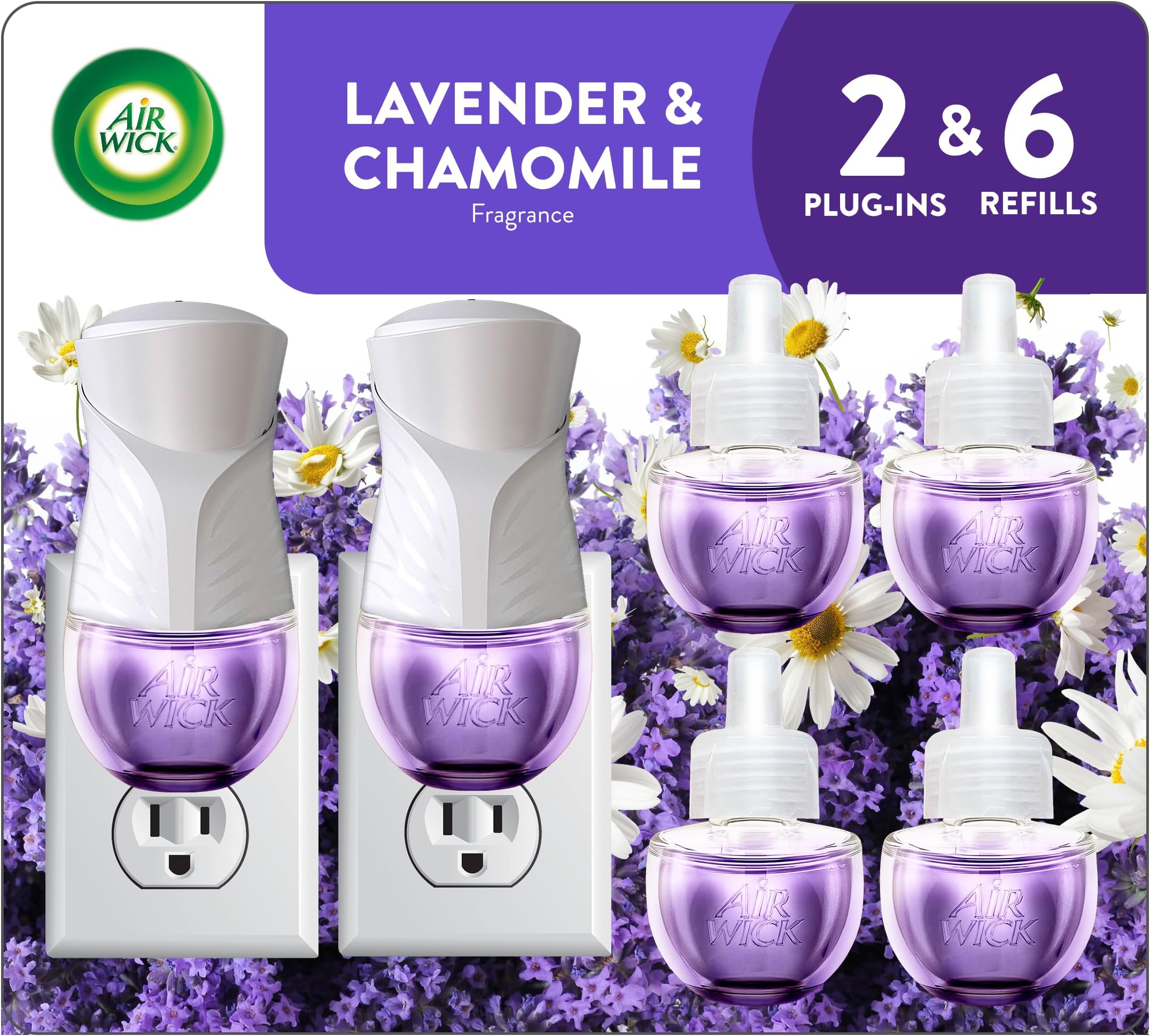 Air Wick Plug in Scented Oil Starter Kit, 2 Warmers + 6 Refills, Lavender & Chamomile, Eco Friendly, Essential Oils, Air Freshener