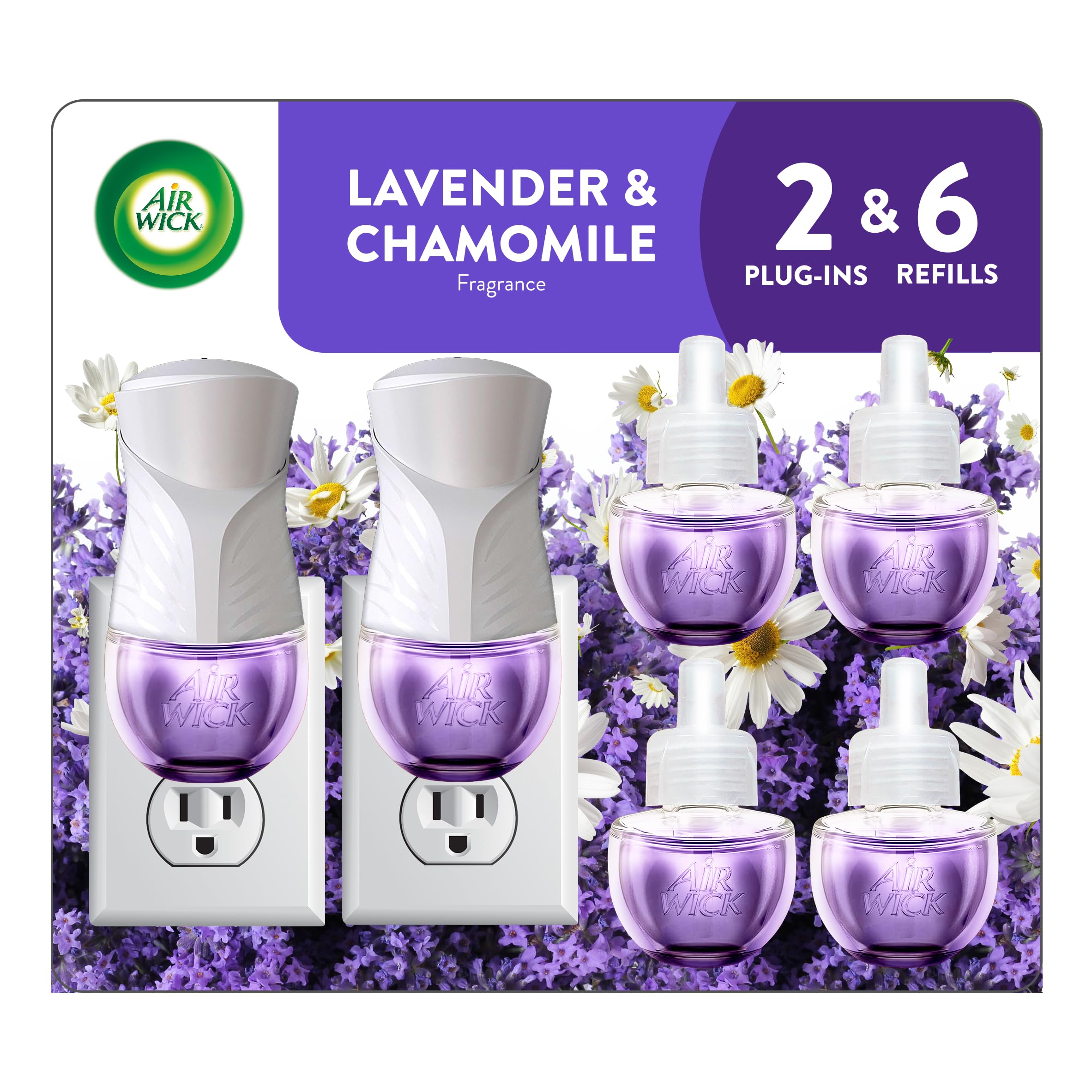 Air Wick Plug in Scented Oil Starter Kit, 2 Warmers + 6 Refills, Lavender & Chamomile, Eco Friendly, Essential Oils, Air FreshenerReducing CO2