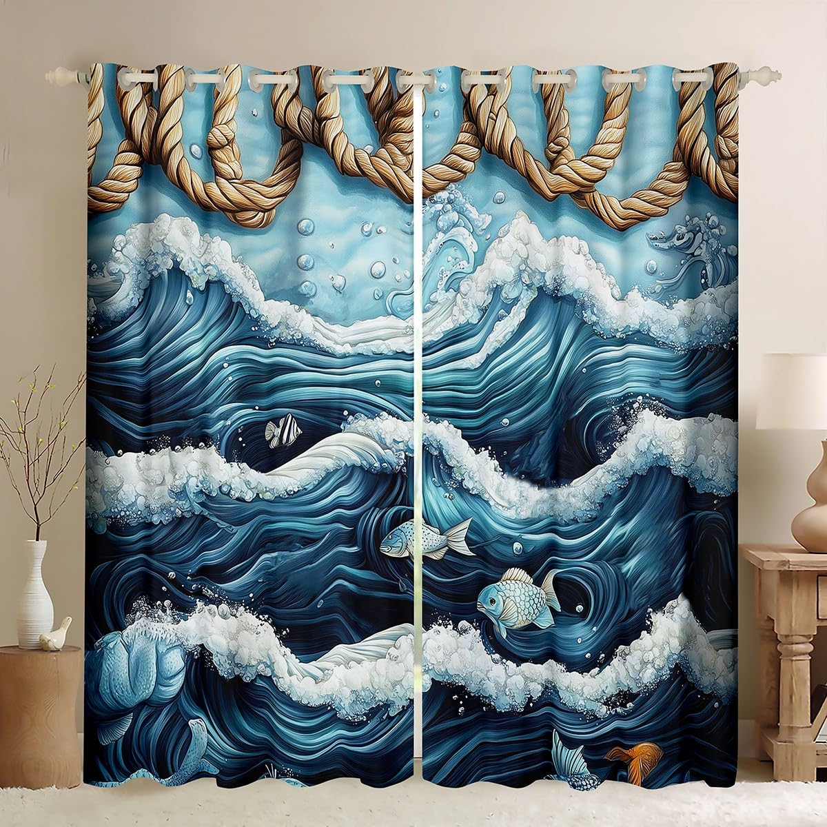 feelingyou 3D Sea Waves Blackout Curtains Cartoon Fish Blue Wavy Stripes Window Drapes for Kids Teens Adults Natural Theme Japanese Ukiyoe Style Curtains for Living Room 2 Panels 46Wx72L — image 1