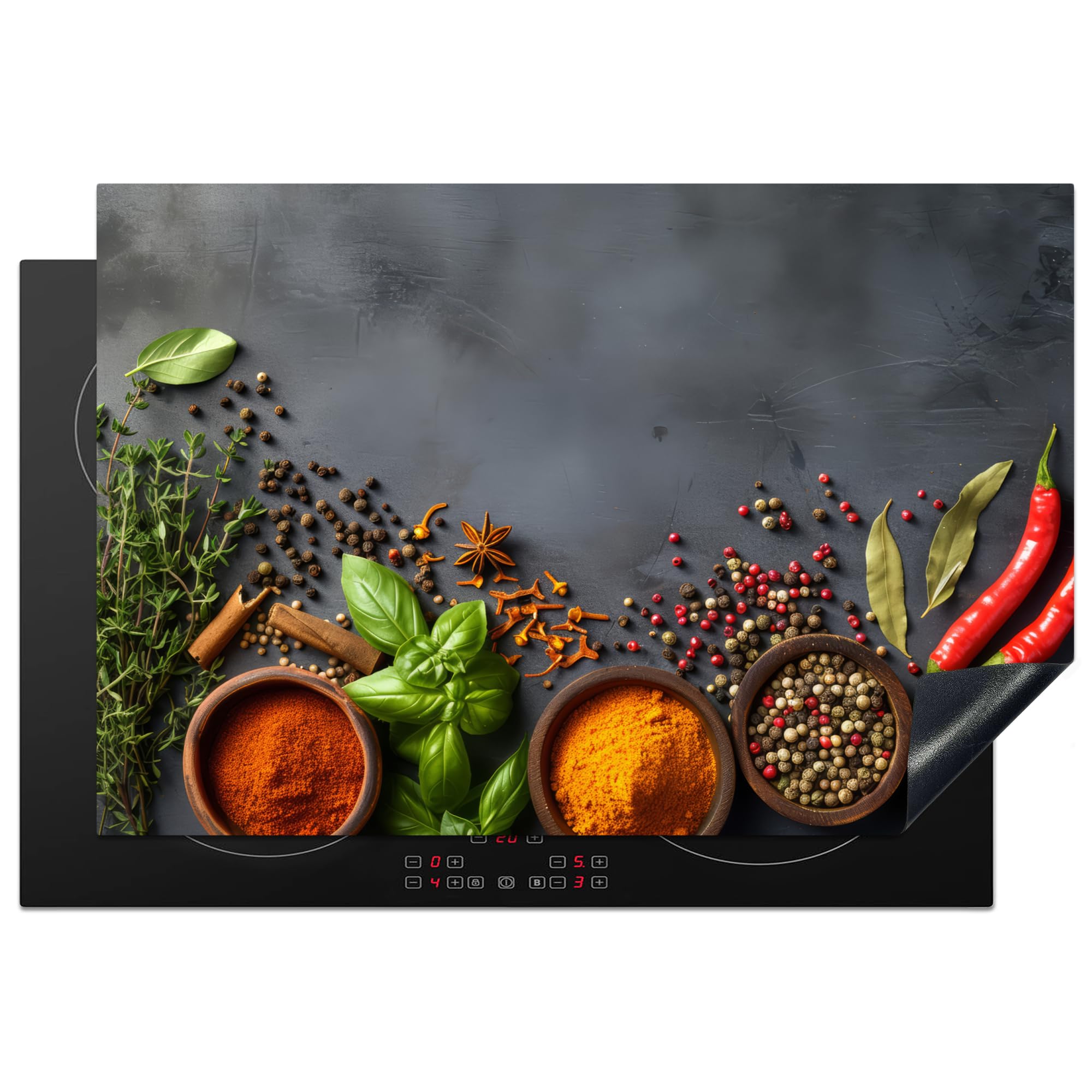KitchenYeah© Induction Hob Protector Mat 20.3"x29.9" / 76x51.5 cm Stove Cap Top Cover Kitchen Cooker Covers for Electric Hobs Vinyl Herbs - Concrete - Spices - Pepper — image 1