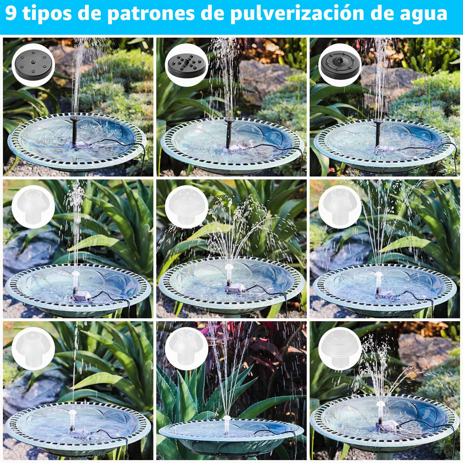 Bomba Solar para Estanque de 5 W, 170 L/h, con Tubería de Agua de 1 m, 9 Boquillas y Cable de 3,25 m, Ideal para Estanques, Fuentes, Cascadas y Piscinas