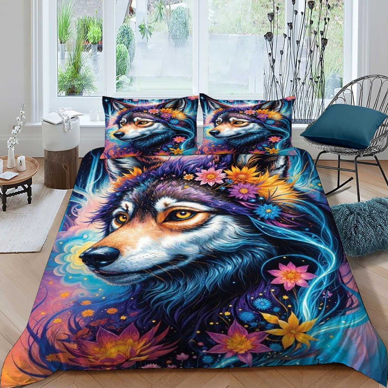 Parure de couette loup et fleurs en microfibre King 220x240cm avec 2 taies