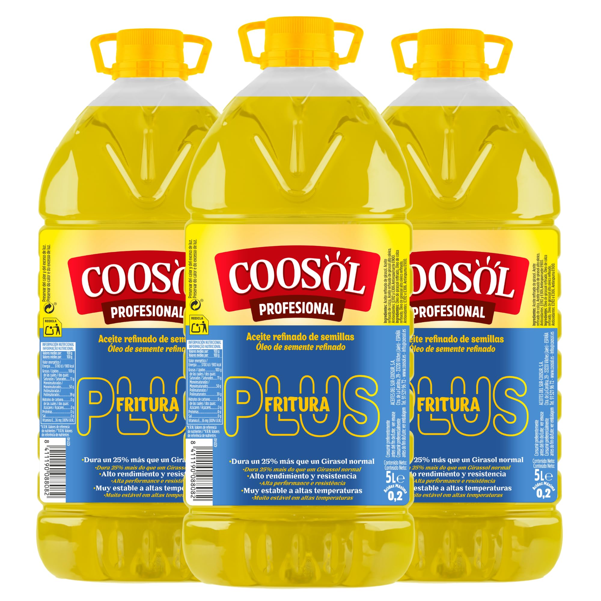 Pack Aceite de Girasol Fritura Plus 3x5 L. Mayor Durabilidad y Ahorro por Uso. Menos Desgaste y Mayor Vida Útil en Frituras. Vitamina E y Antioxidantes. Coosol Profesional.