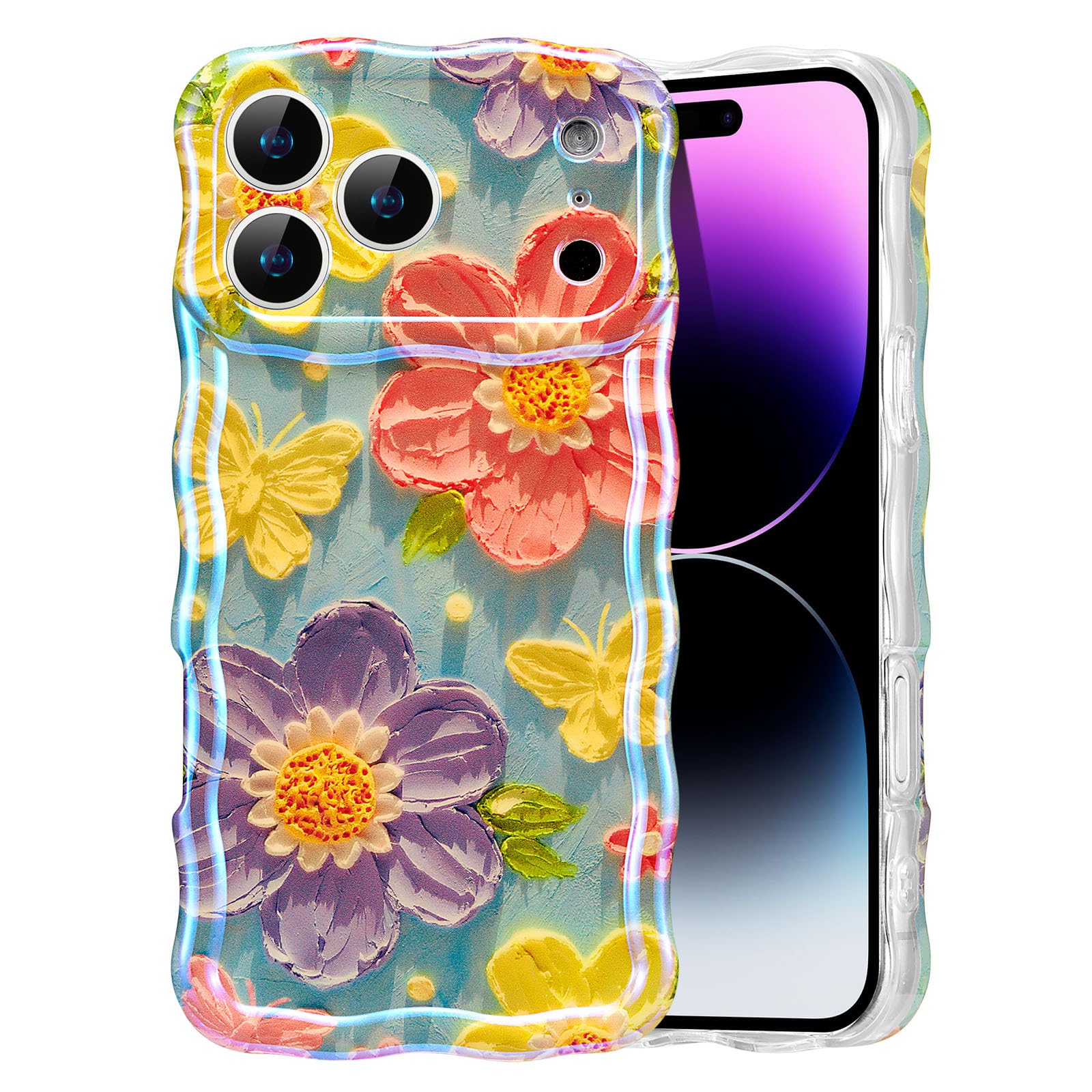 EYZUTAK Case for iPhone 15, Colorful Retro Oil Painting Flower Laser Beam Glossy Pattern Cute Curly Waves Border Exquisite Phone Cover Stylish Durable Soft TPU Protective Case for Girls Women - Green — view 40