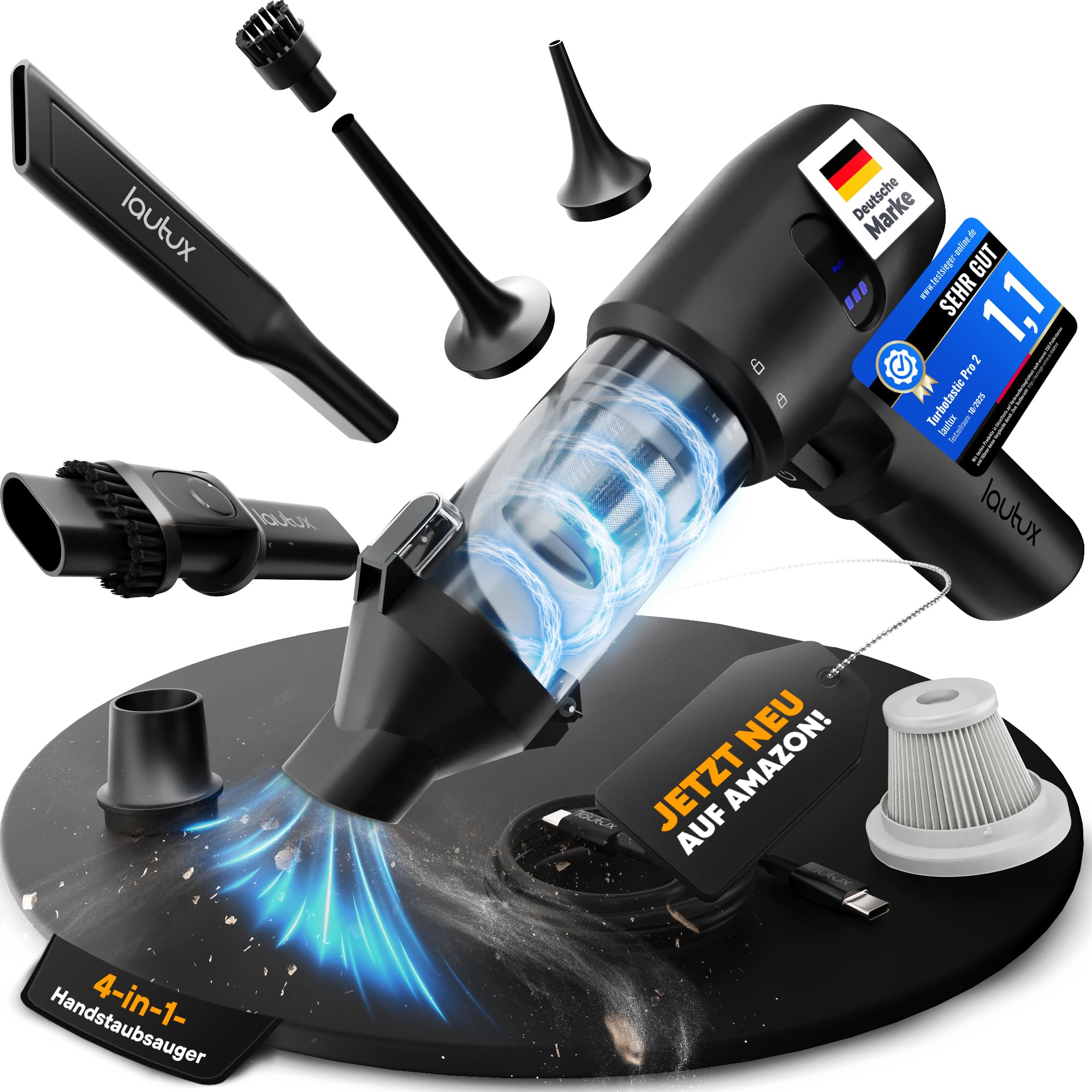 lautux Turbotastic Pro 2 Handstaubsauger – 120W, 18.000Pa, bis 60 Min Laufzeit, HEPA-Filter, LED-Display, 4-in-1 Düsen (Auto, Tierhaare, Polster, Aufpumpen, Vakuumieren) (Nachtschwarz, Starter Set)
