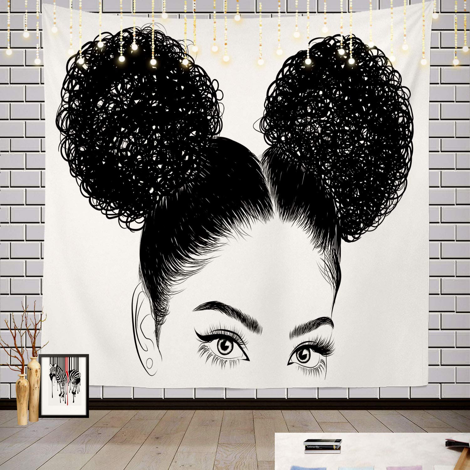 Batmerry Black Woman Afro American Tapestry, Black Woman with Shirt Graphic Tee Visit Hair Afro Girl Picnic Mat Hippie Trippy Tapestry Wall Art Decor for Bedroom Living Room, 59.1 x 59.1 Inches, Black