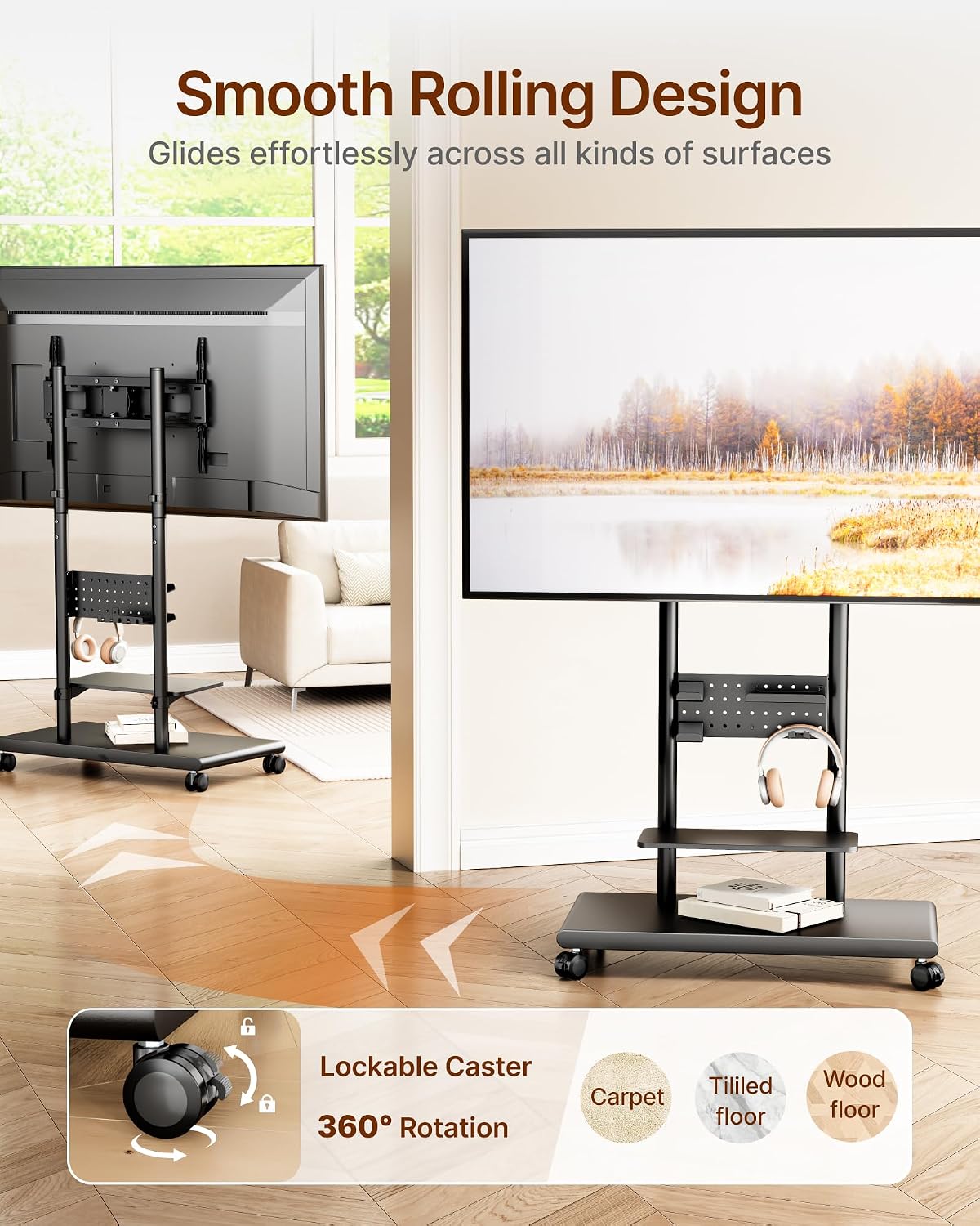 Heavy-Duty Rolling TV Stand for 50–90″ TVs, Supports up to 198 lbs (154 lbs TV + 22 lbs Per Shelf), Height Adjustable Tilt Swivel Rolling TV Cart with Pegboard Storage, Max VESA 600×400, Black