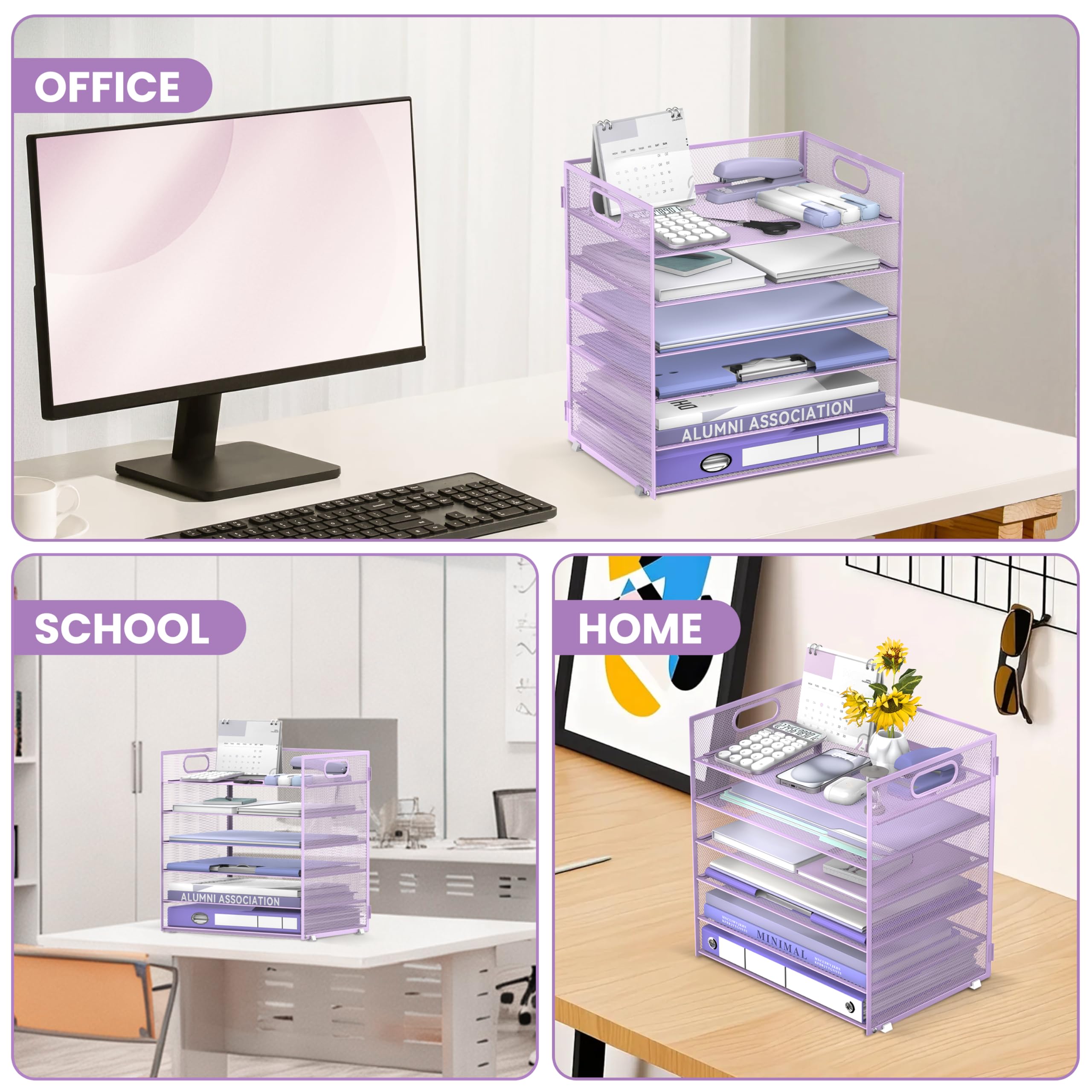Daltack Organiseur de Papier à 6 Niveaux pour Bureau, bac à courrier en Maille avec poignée pour Bureau, Maison, école, Violet
