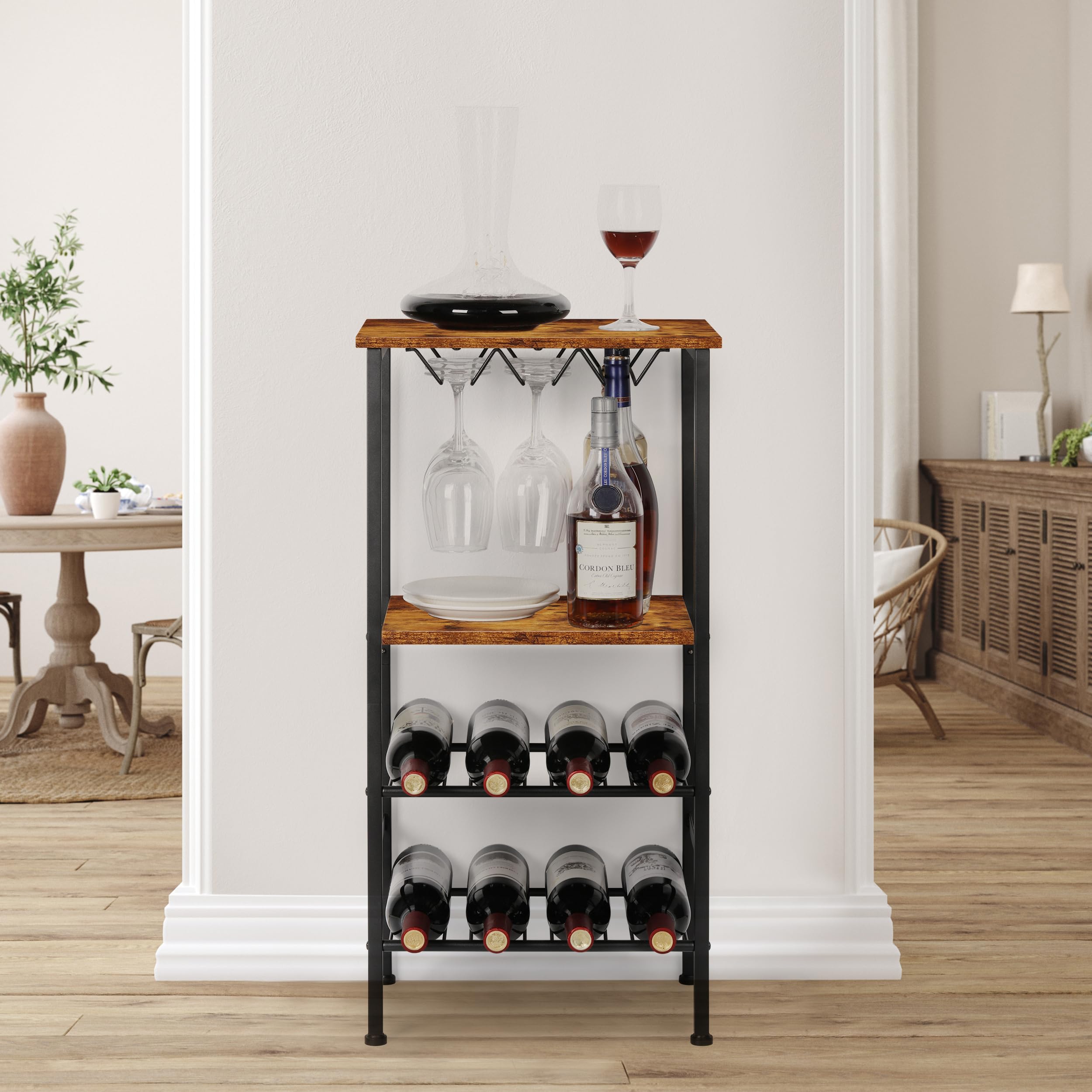 Mensola per vino indipendente per bar del vino con supporto in vetro e tavolo, 8 bottiglie, tavoli in legno con ripiani, organizer per bottiglie di vino a 4 livelli (marrone)