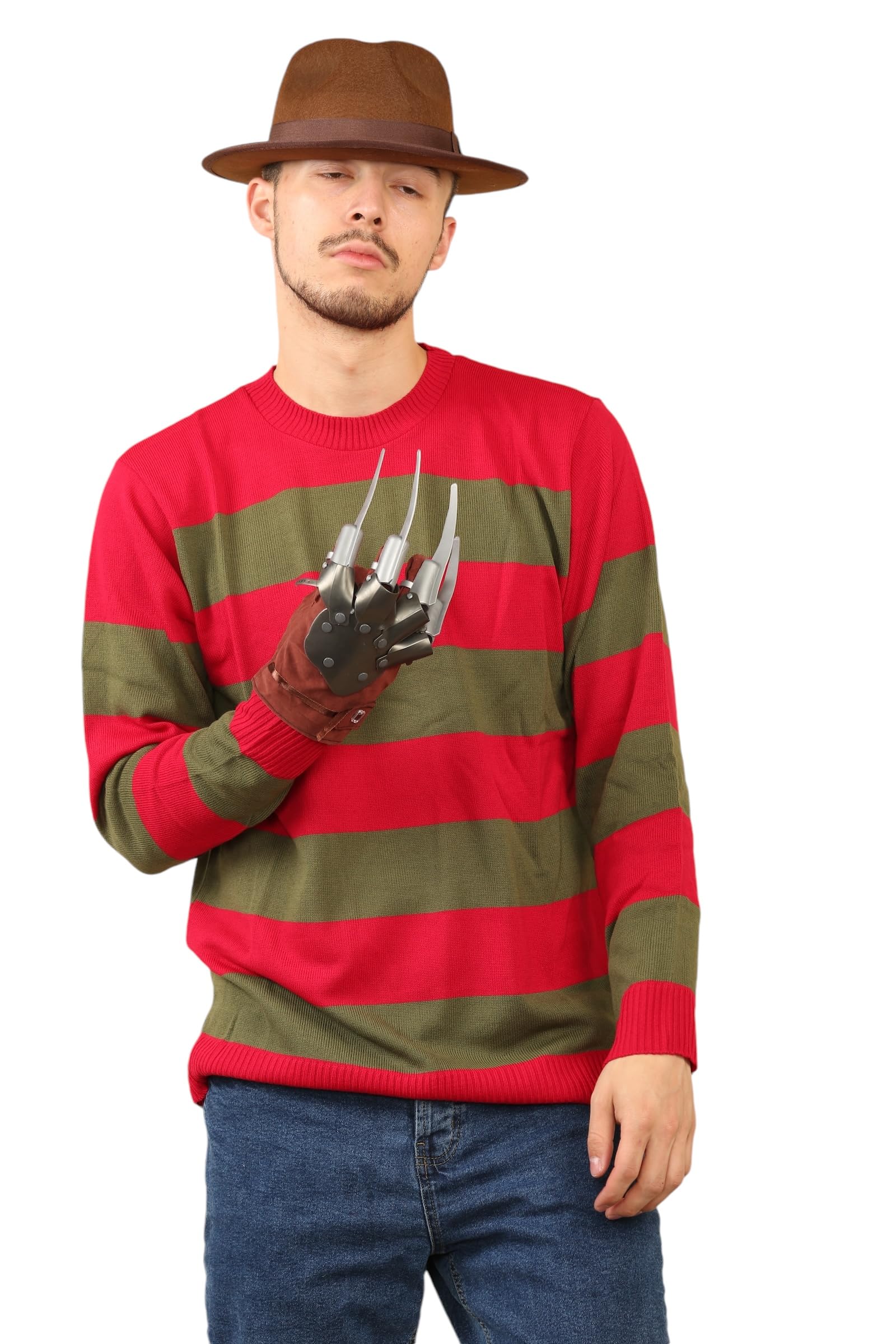 Grunge Wear® Men Women Red Green Stripe Knitted Jumper Explore Hat & Claw Hand Gloves Fancy Dress Costume S-XXL (Large)