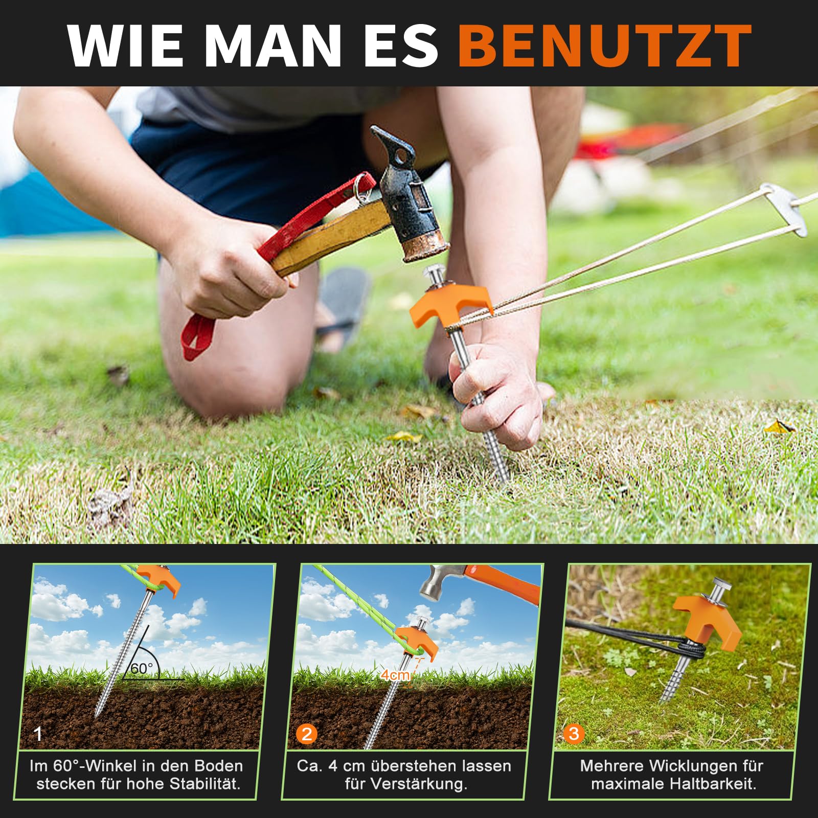 Zeltheringe, 24x Heringe Erdnägel Stabil mit Box, Stark Zeltheringe Sturmsicher mit Gewinde, Anti-ROST Camping Heringe Zelt für Harten Boden, Gras, Sandboden,Wald, Wiesen, Orange