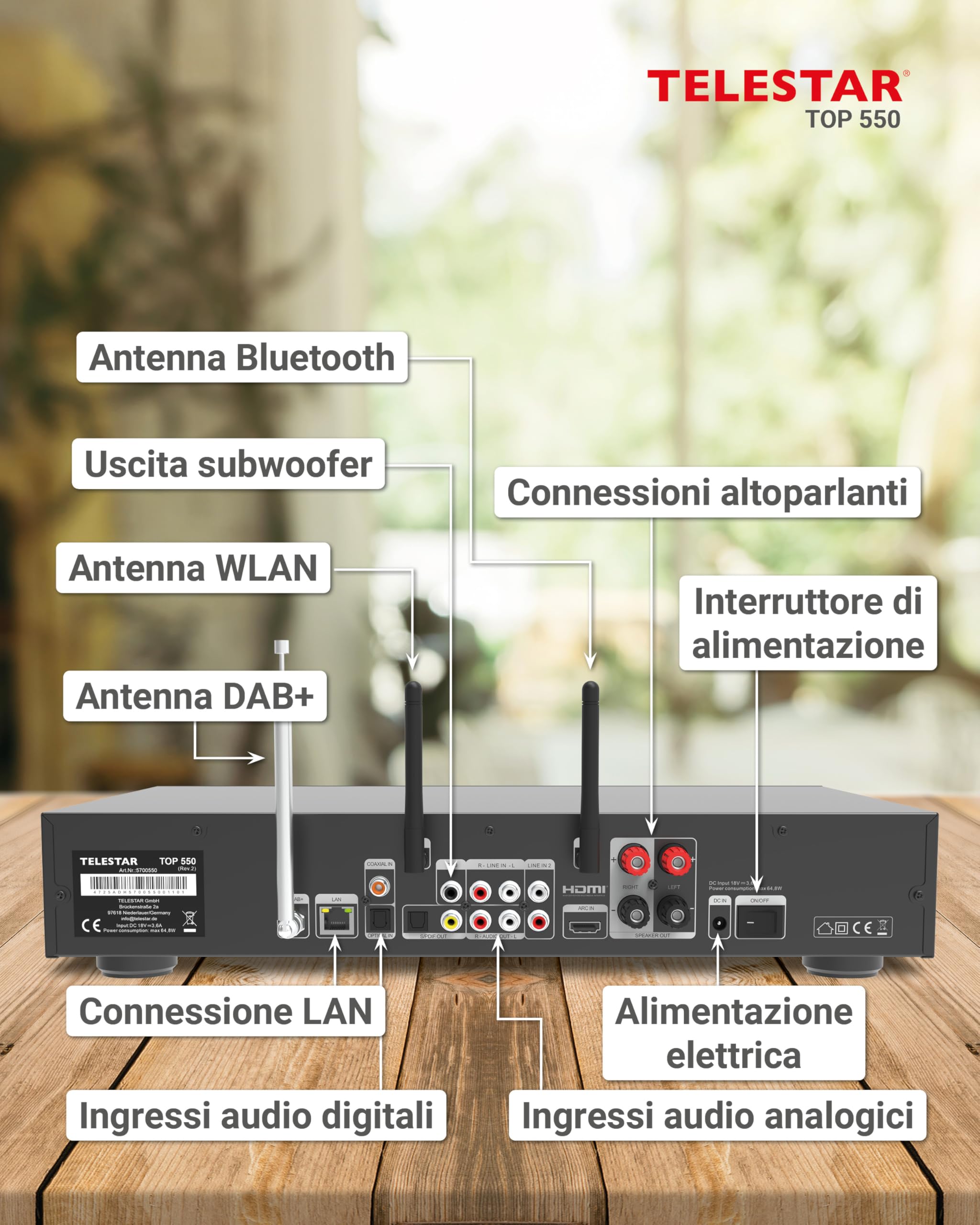 TELESTAR TOP 550 Sistema Hi-Fi con amplificatore e lettore CD 43 cm 2×30 W Radio Internet DAB+ Bluetooth Nero