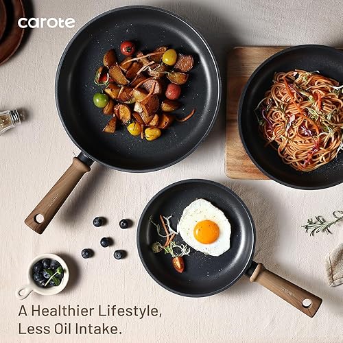 Miniatura 8 de CAROTE Sartenes antiadherentes, sartén antiadherente de titanio de 9.5 pulgadas, sartén de chef, titanio ligero, mango que se mantiene fresco,