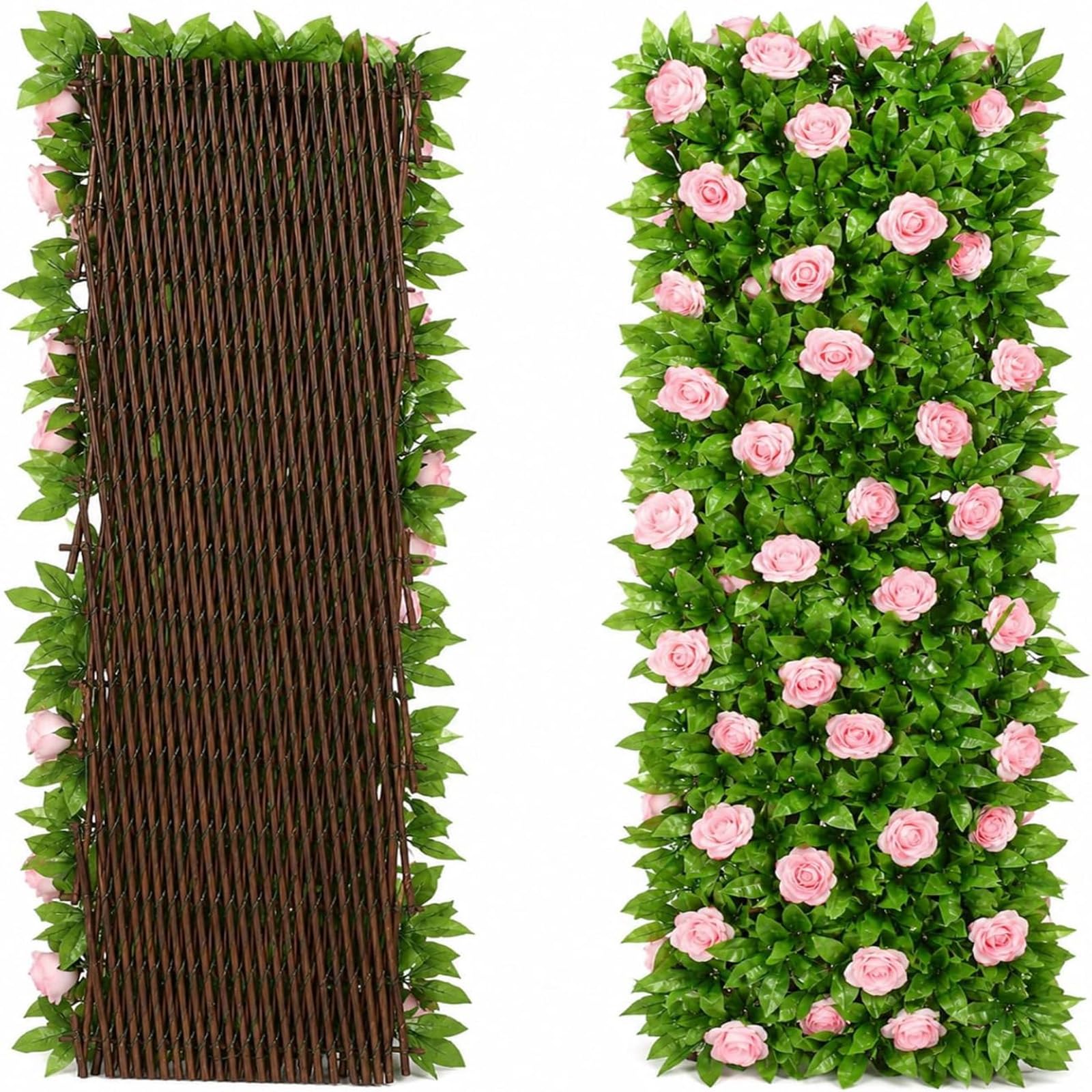 Artificial Fence Screening with Violet Flowers, Retractable Garden Trellis Panels, Fake Ivy Leaf Privacy Screen Wall Decor for Backyard Patio Balcony，Pink：2pcs