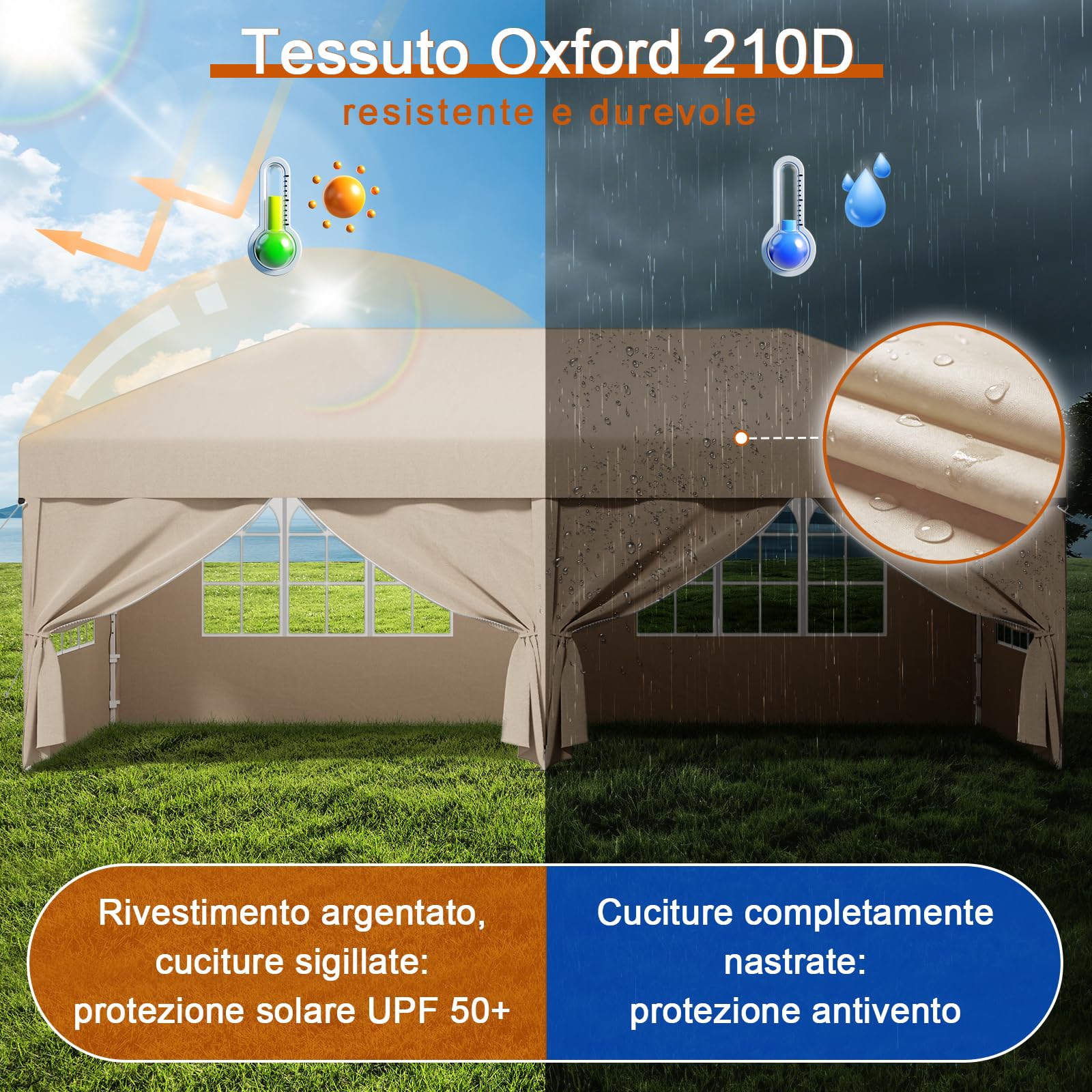 Devoko Gazebo 3x6 Pieghevole Impermeabile, Tenda Pop Up Pieghevole con 6 Pareti Rimovibili, Gazebo Pieghevole con 3 Altezze Regolabili Protezione UV 50+ per Giardino, Terrazza, Campeggio (Beige)