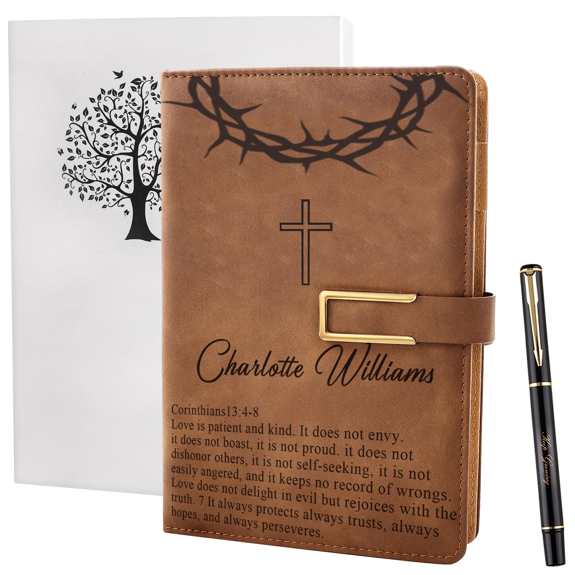 Fanery Sue Refillable Writing Personalized Journal for Men & Women Faux Leather Hardcover Notebook A5 College Ruled 200 Lined Pages Lay-Flat Personal Diary Magnetic Buckle (Bright Brown-Bible) — image 1