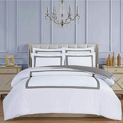 Majestic Giftware Madison Linen 8-Piece 48" Full Size Duvet Bedding Set (BL2-48F-8) | Province Hotel Collection-White-Taupe Tape 400 TC Cotton Sateen | 2 Fitted Sheets, 2 Duvets, 4 Pillowcases