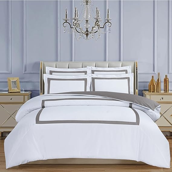 Majestic Giftware Madison Linen 8-Piece 48" Full Size Duvet Bedding Set (BL2-48F-8) | Province Hotel Collection-White-Taupe Tape 400 TC Cotton Sateen | 2 Fitted Sheets, 2 Duvets, 4 Pillowcases