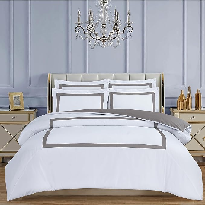 Majestic Giftware Madison Linen 8-Piece 48" Full Size Duvet Bedding Set (BL2-48F-8) | Province Hotel Collection-White-Taupe Tape 400 TC Cotton Sateen | 2 Fitted Sheets, 2 Duvets, 4 Pillowcases