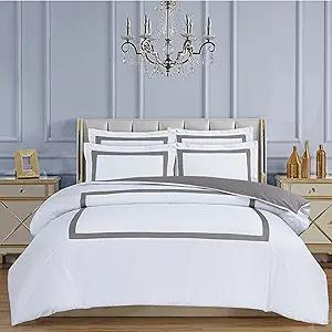 Majestic Giftware Madison Linen 8-Piece Twin Size Bedding Set (BL2-T-8) | Province Hotel Collection-White-Taupe Tape 400 TC Cotton Sateen | 2 Fitted Sheets, 2 Duvets, 4 Pillowcases