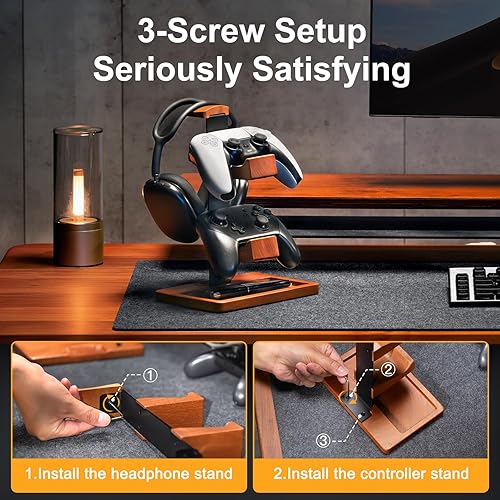 Miniatura 6 de Soporte de controlador de madera maciza y soporte para auriculares, soporte de controlador de juegos para escritorio, organizador de doble