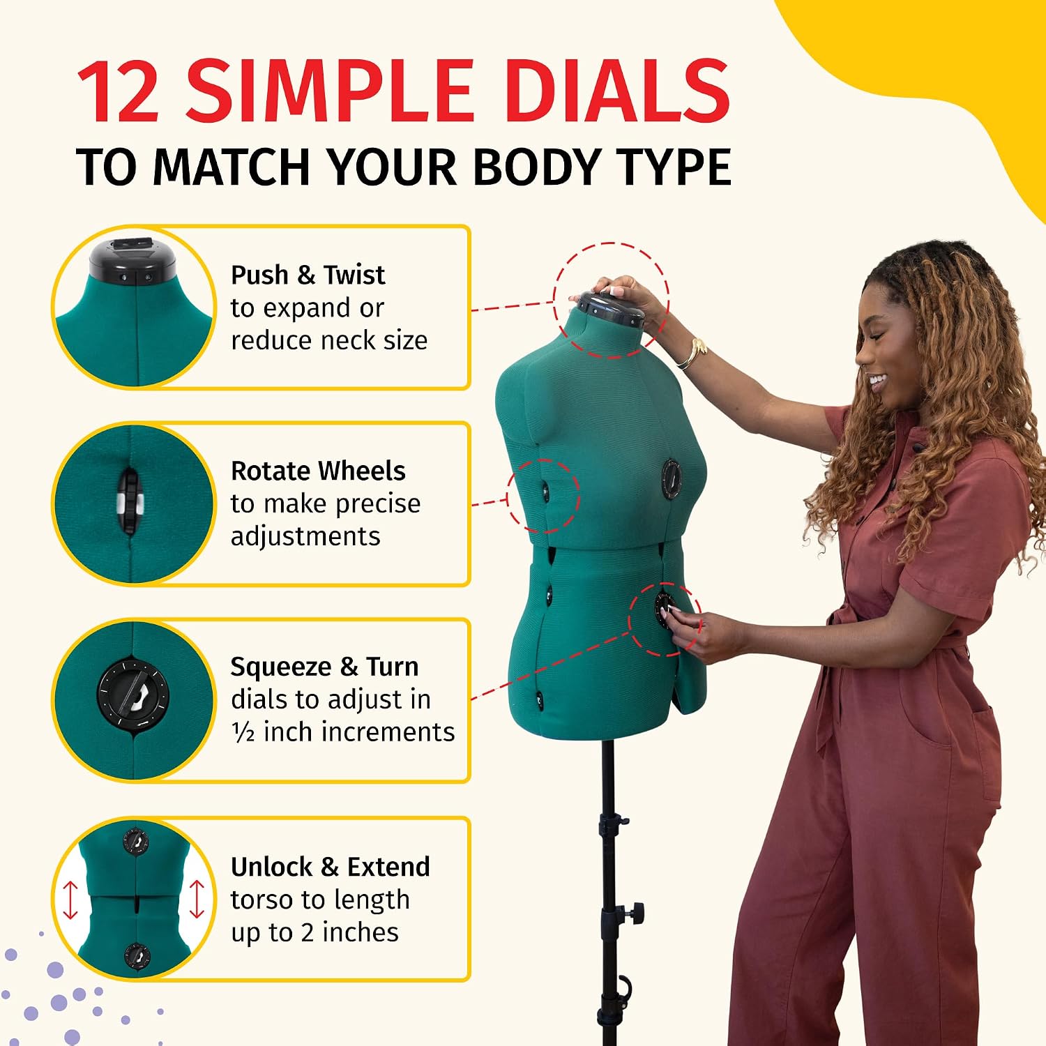 Close-up of adjustment dials on the Dritz Sew You Dress Form