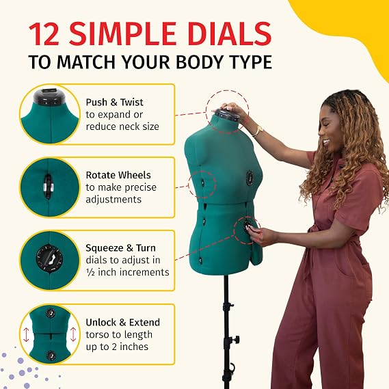 Dritz Sew You Adjustable Dress Form - Medium/Large Sizes US 12-18 - Female Clothing Mannequin for Sewing, Fitting, and Draping - Pinnable Sewing Mannequin with 12 Dials for Fitting + 360 Hem Guide