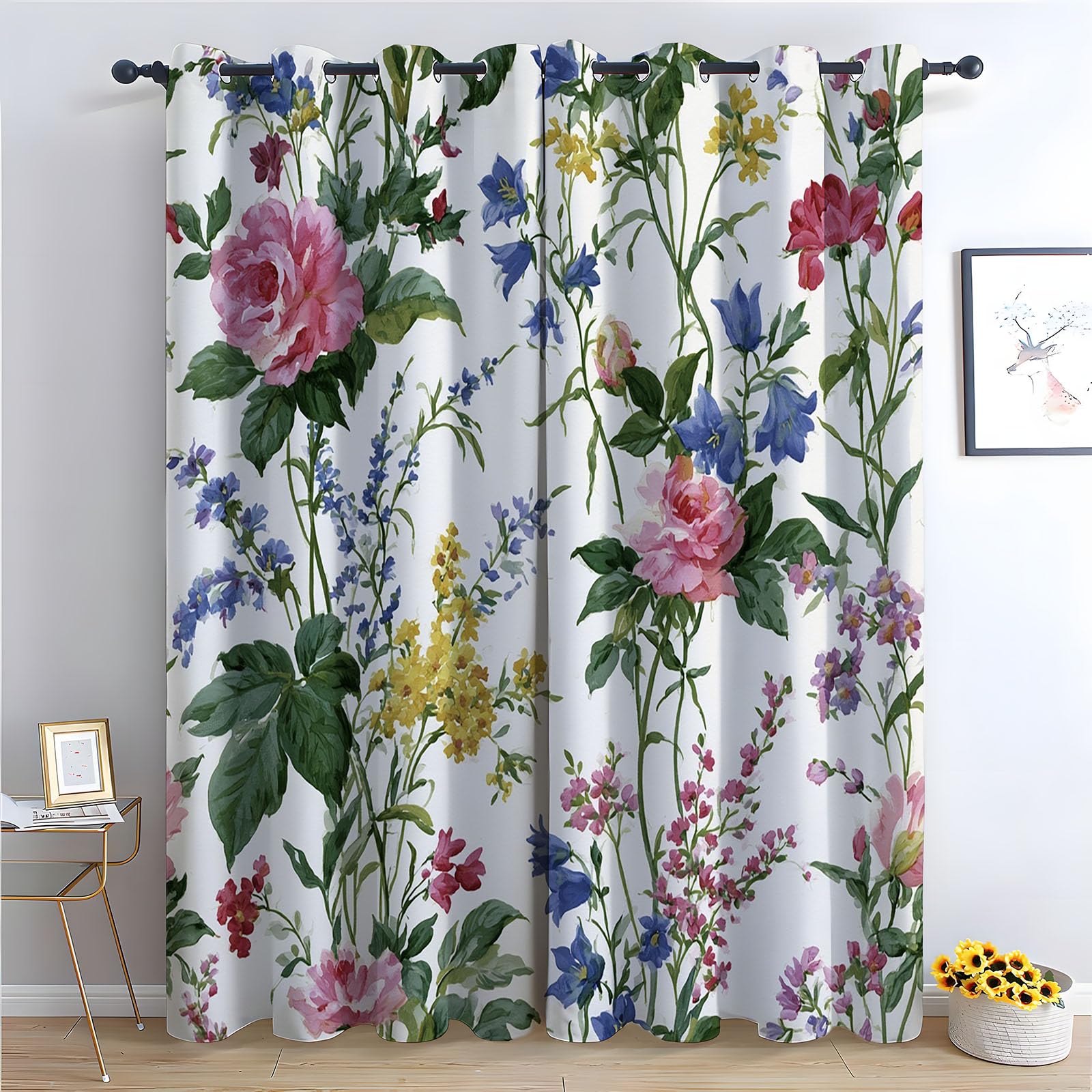 TERUEA Blackout Curtains Vintage watercolor rose wildflower Green Floral Patterned Curtains Vintage Art Deco Drapes Thermal Insulated Room Darkening Curtains-42 W x 54" L (Pack of 2)