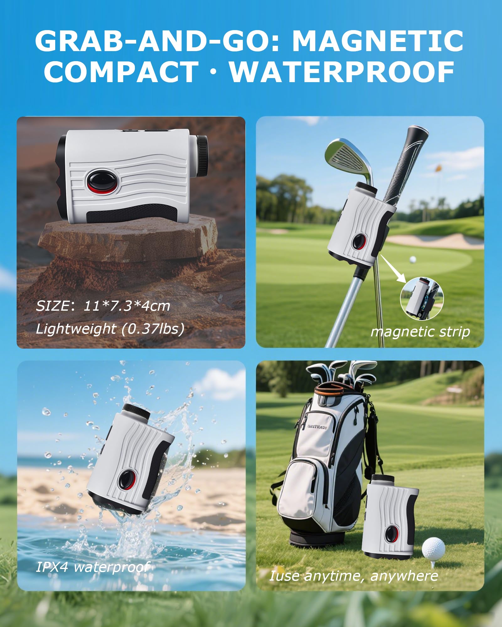 Télémètre de golf avec pente – Télémètre laser de 1 200 m avec sangle magnétique, vibration de verrouillage du mât de drapeau, grossissement 7x, étanche IPX4 rechargeable, accessoires de golf