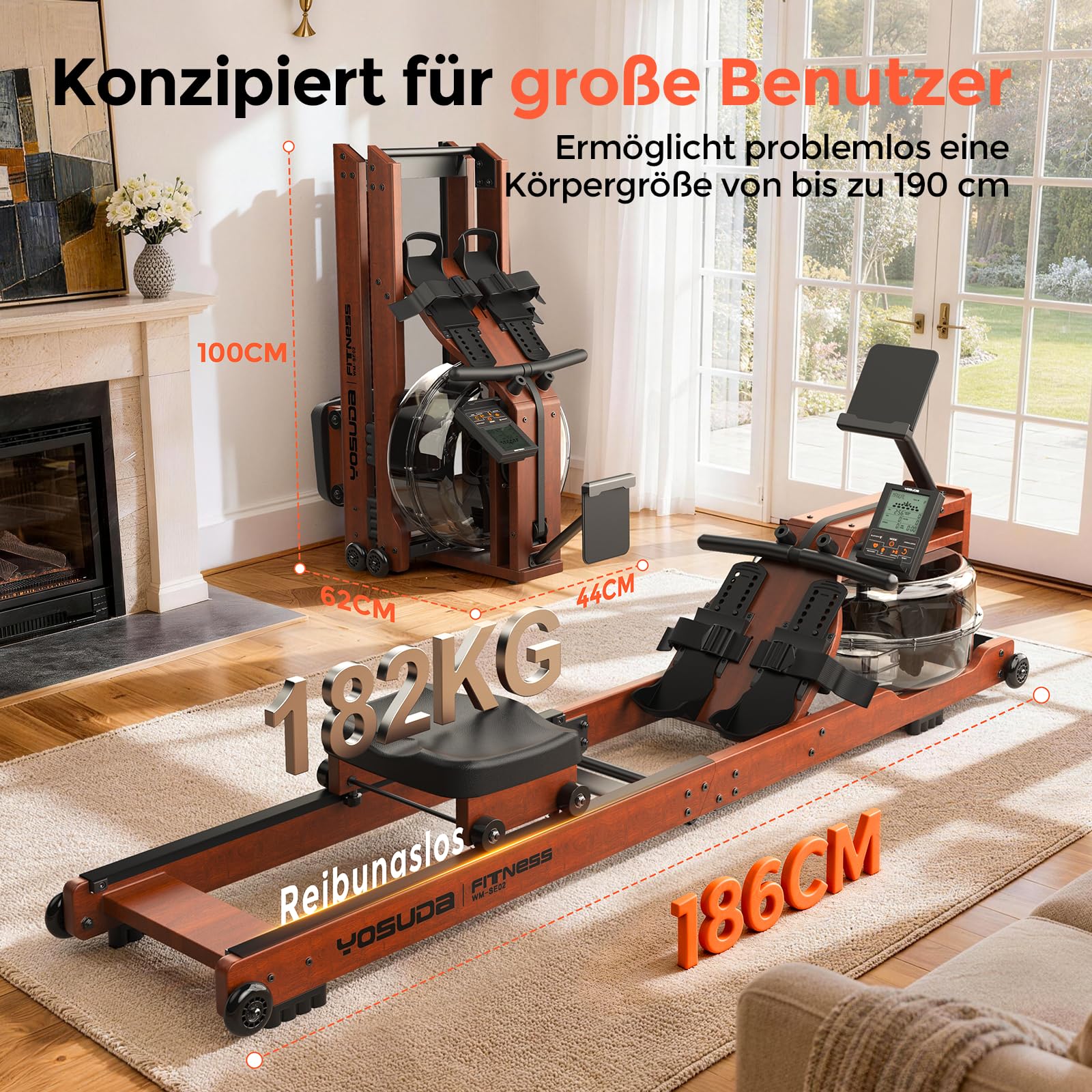 YOSUDA 2026 Neu Rudergerät Wasser, max. 190cm/182kg, 22-Liter-Wassertank, Rudergerät für Zuhause Klappbar Holz mit Bluetooth Display & Verstellbarer Handy-Halter, ultraleise Rudermaschine, waterrower