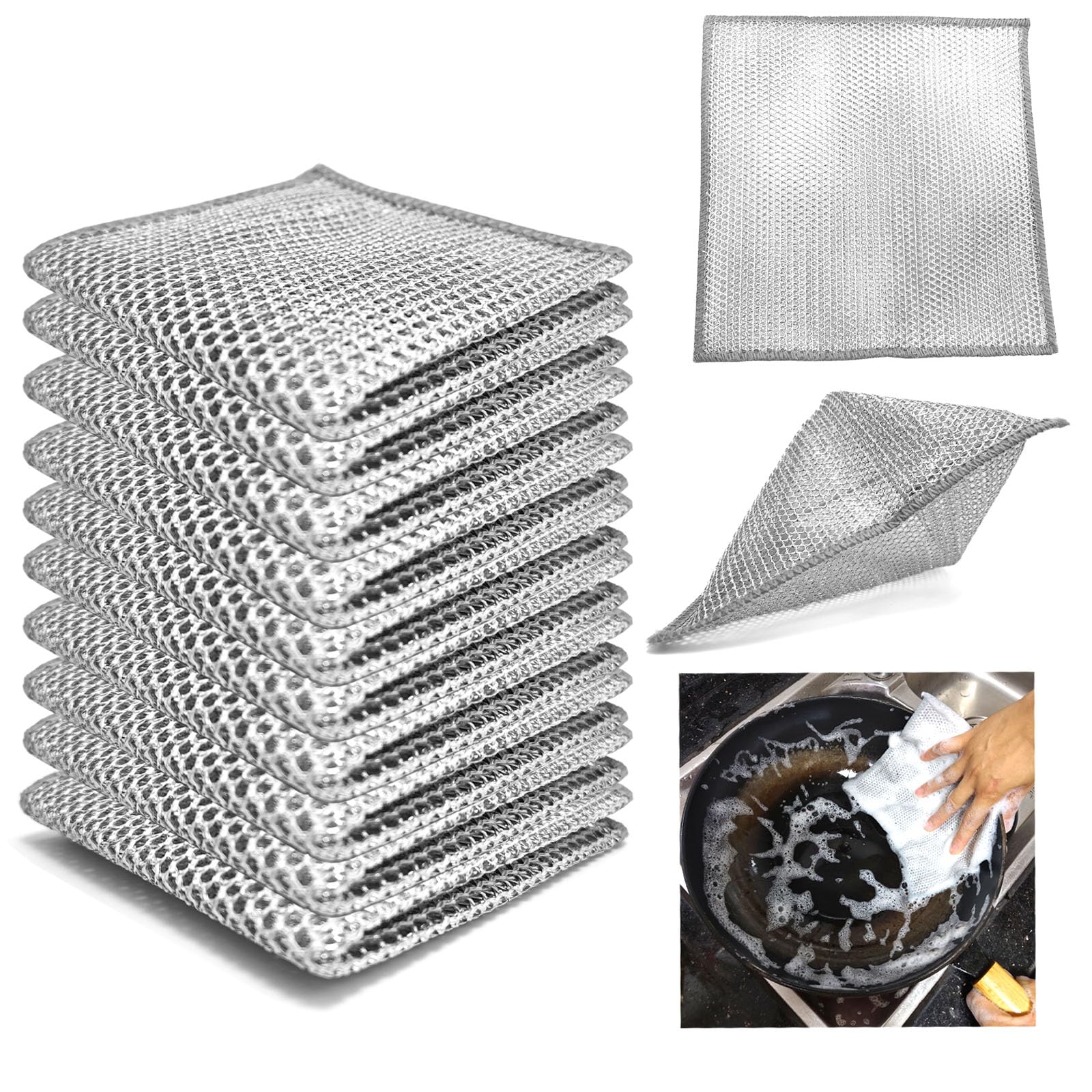 Double layer metal wire scratch free cloth, dry and wet dual-purpose metal wire dishwashing cloth, suitable for kitchen cleaning, cookware, tableware,