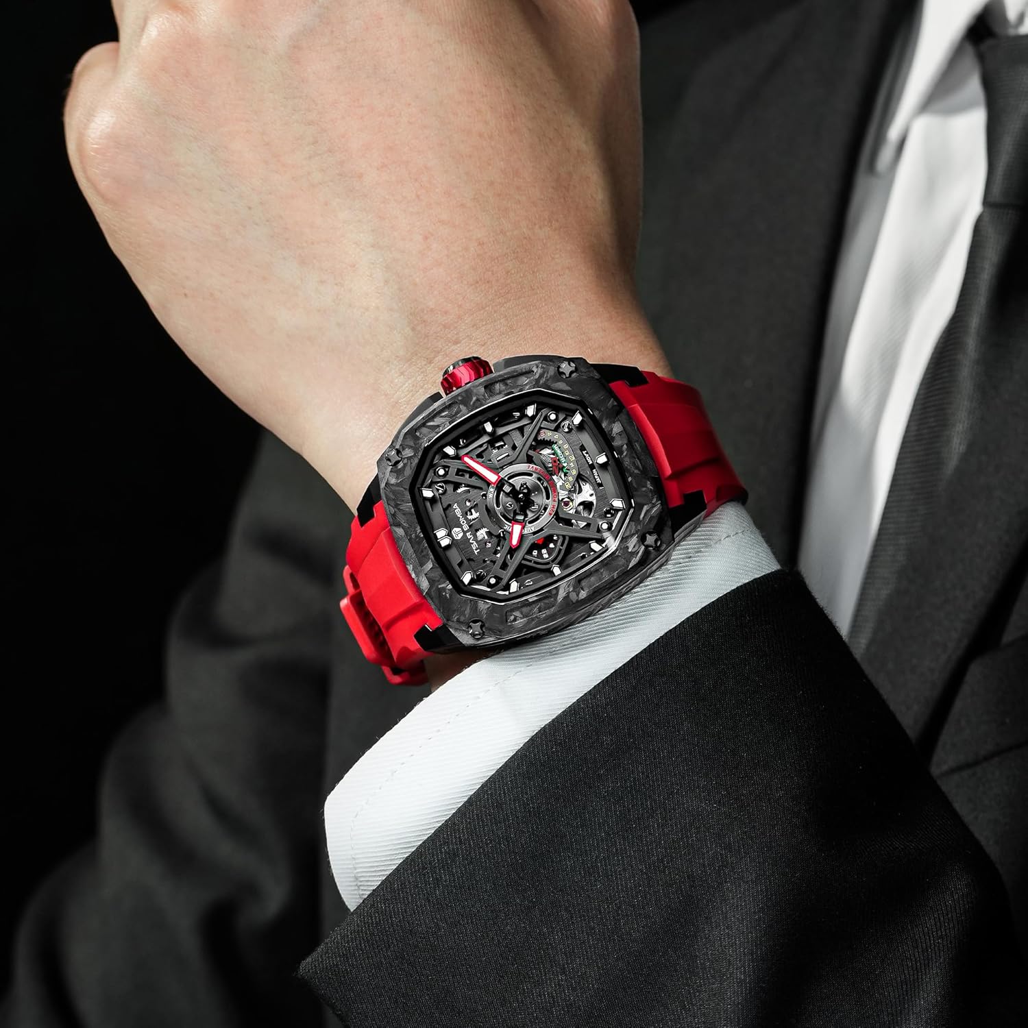 TSAR BOMBA Luxury Mechanical Watches for Men with Carbon Fiber Case Men Wristwatch Luminous 5ATM Water Resistant Men's Watch with Fluorine Rubber Strap Great Gifts for Men