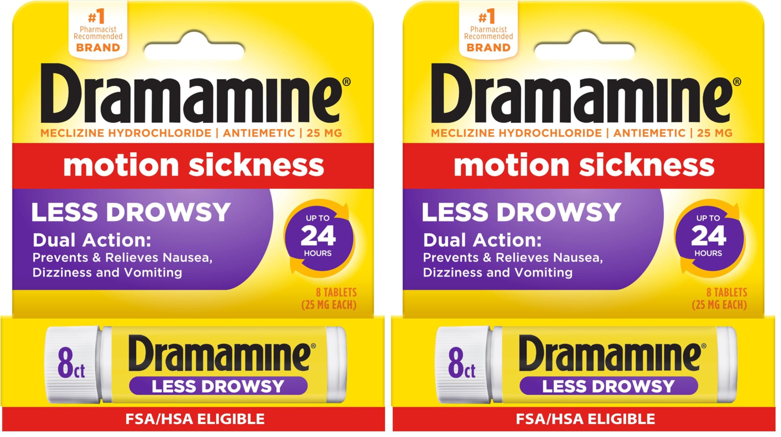 Dramamine Motion Sickness Relief Less Drowsy Formula, 8 Count (Pack of 2) | Travel Essential for Nausea & Dizziness - main product image