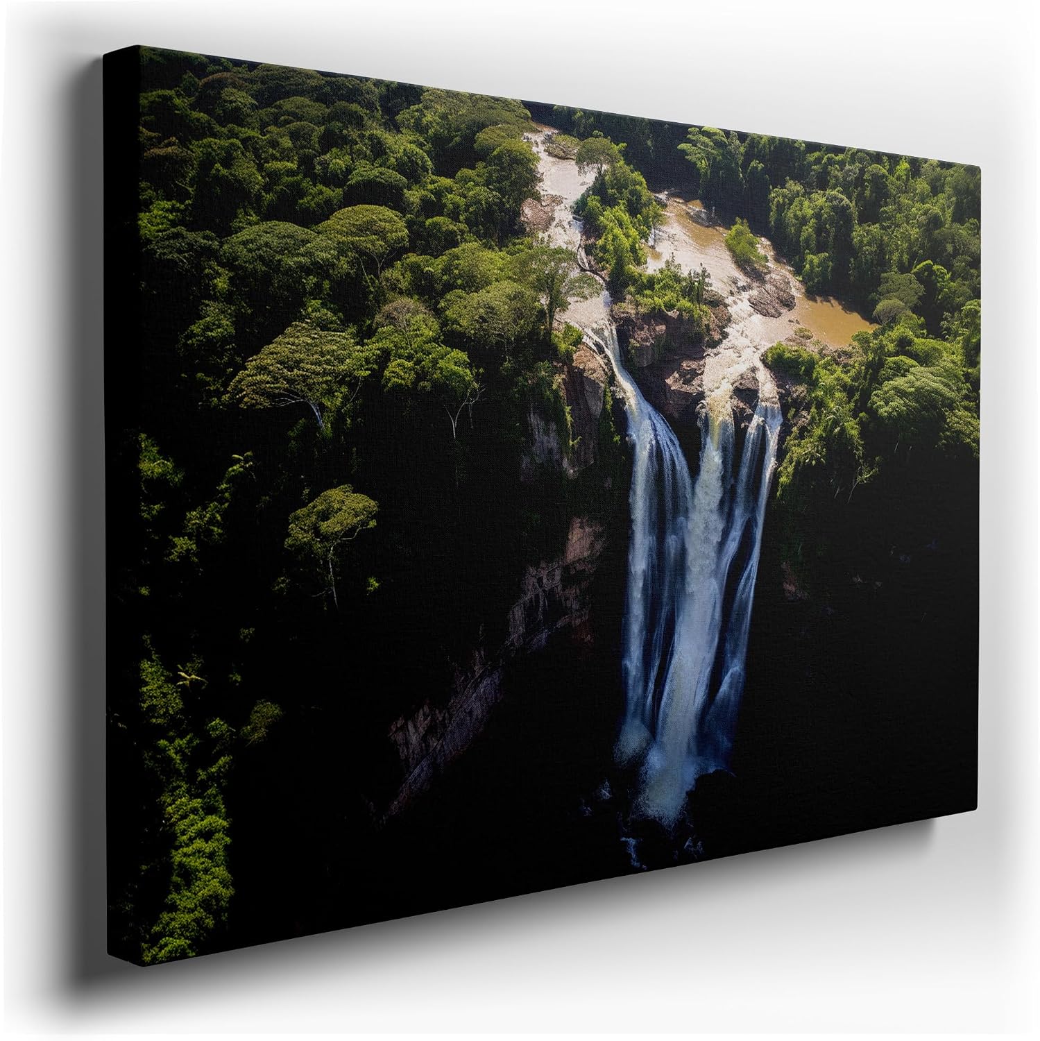 Canvas for Living room. Majestic Forest Waterfall: An Aerial Symphony of Mist and Greenery, 27 x 18 inch Canvas Wall Art - Contemporary Masterpieces - Modern Home Decor