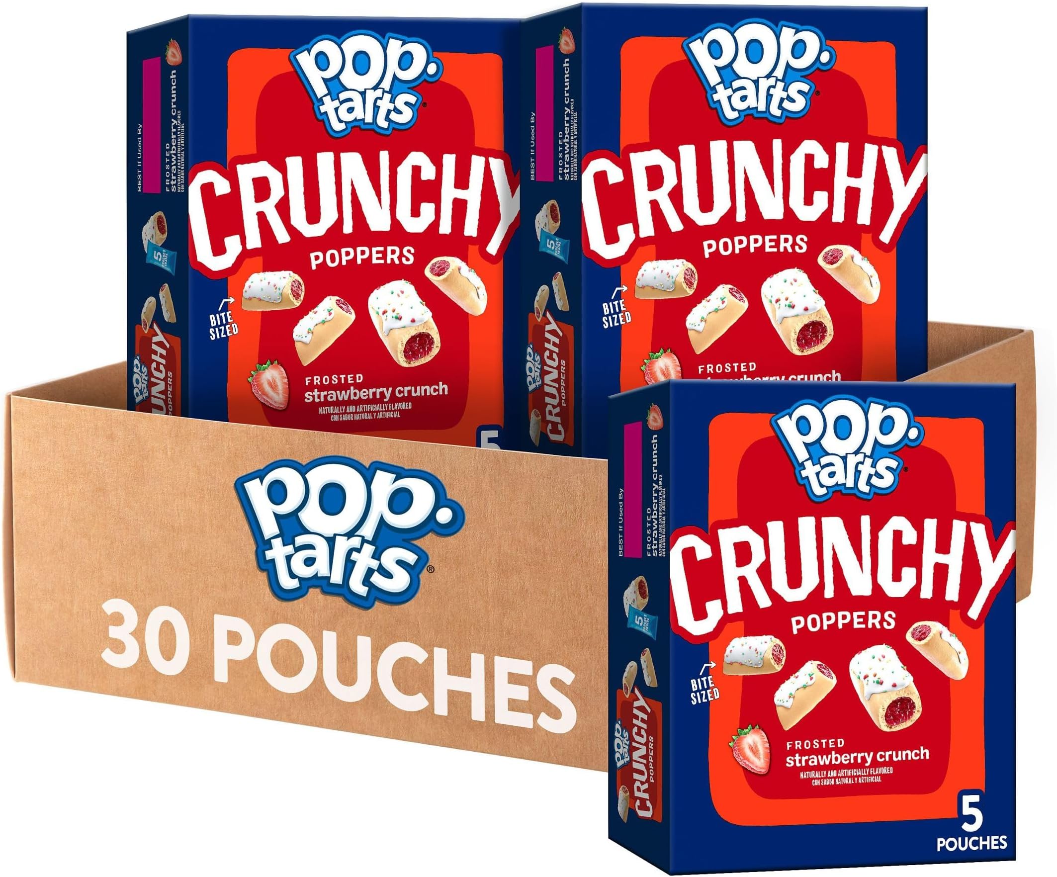 Pop-Tarts Crunchy Poppers Crunchy Filled Snack Pieces, Kids Snacks, On-the-Go, Frosted Strawberry Crunch (6 Boxes, 30 Pouches)
