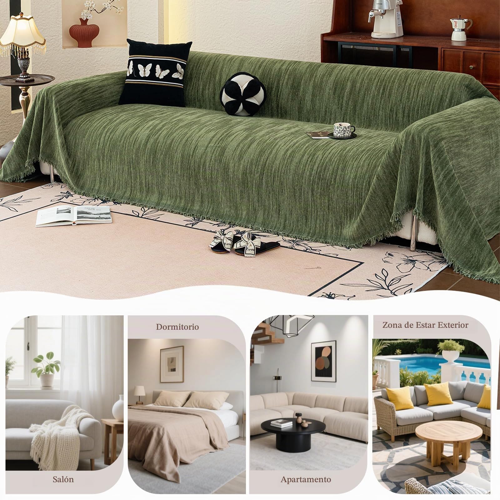 Jarapas para Sofas, 1/2/3/4 Plazas, Plaid Sofa Multifuncional, Protector Sofa Gatos Arañazo, Universal Fundas Sofá Antimanchas, Manta Suave y Cómoda 180 * 360cm-Verde