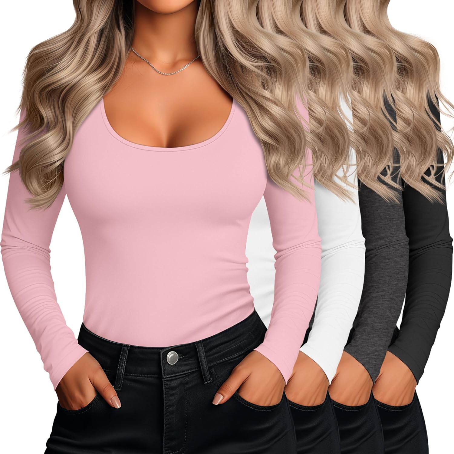 4 Pack Women's Long Sleeve Shirts Scoop Neck Slim Fitted T-Shirt Tight Sexy Lightweight Casual Tops Y2k Basic Tee