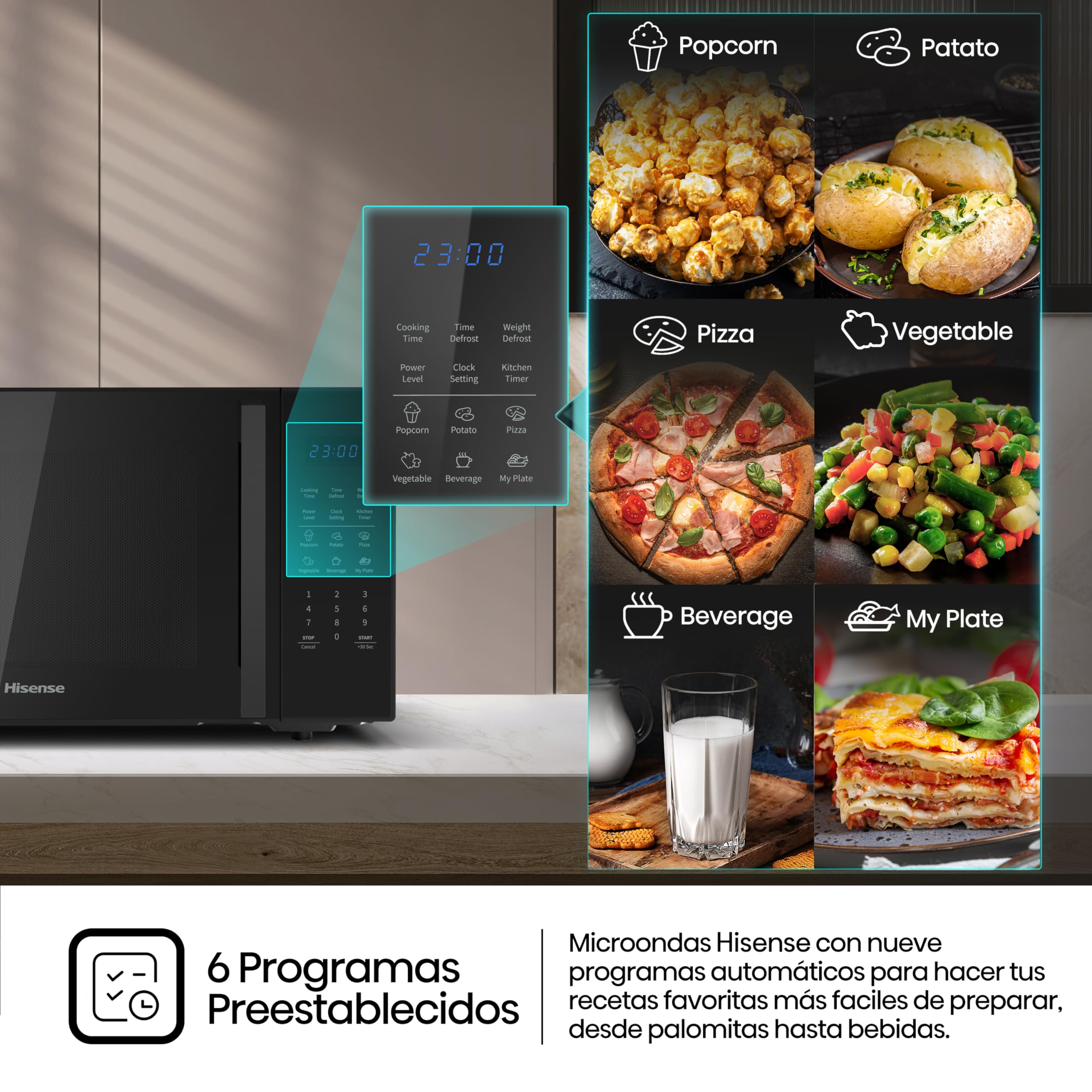 Hisense H29MOBS9H - Microondas Digital 29L, 900W, Revestimiento Cerámico, Cristal Premium, 10 Niveles de Potencia, Cocción Multifase, Función Descongelación, Fácil Limpieza, Negro