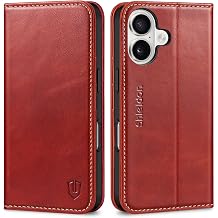 SHIELDON Case for iPhone 16 5G 2024, Genuine Leather Foldable Wallet Case Magnetic Closure Kickstand RFID Blocking Card Holder Shock-Absorbent Phone Cover Compatible with iPhone 16 6.1" - Retro Red