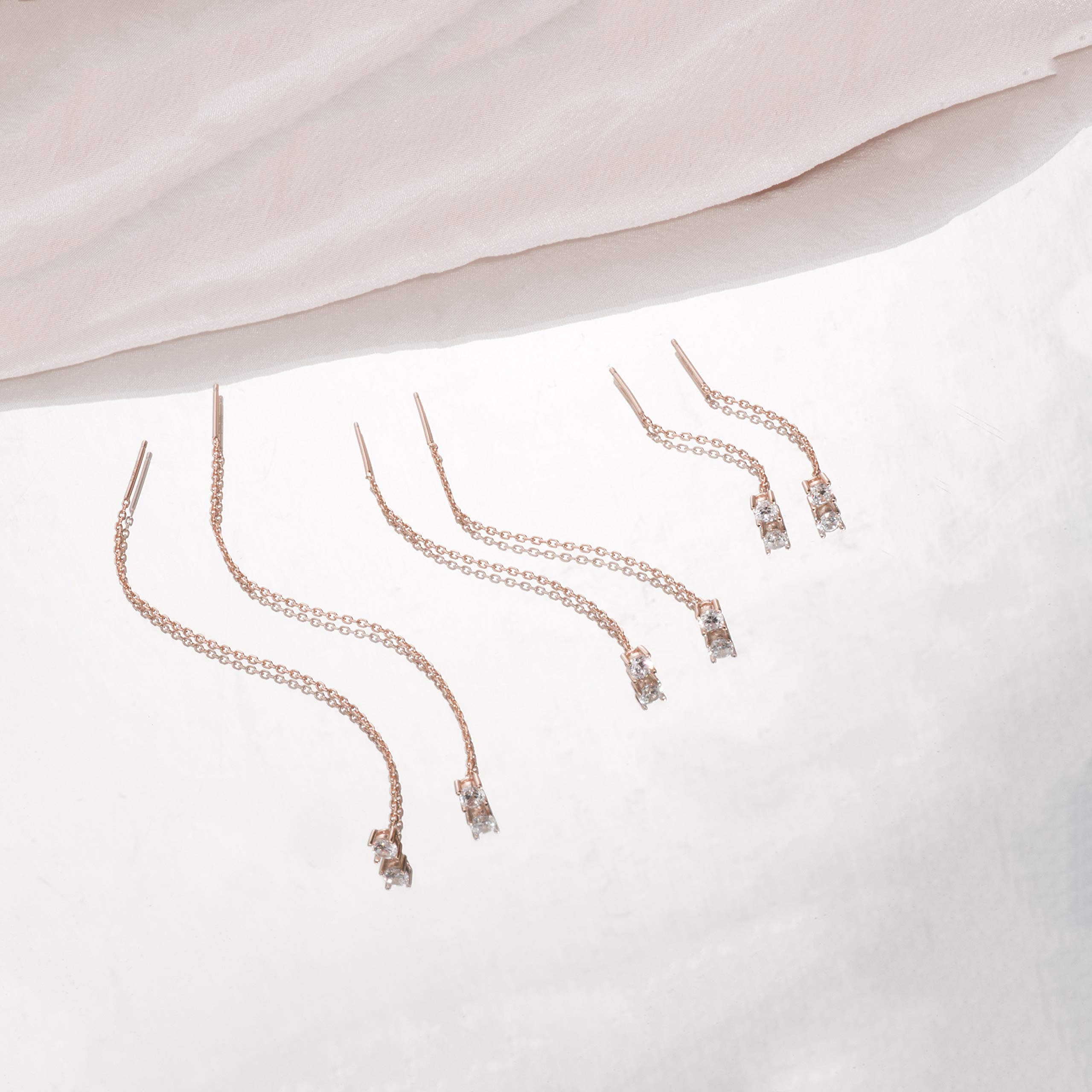 S.Leaf Trendige CZ-Gold-Einfädlerohrringe, baumelnd, Kette, Doppel-Piercing, Durchzieh-Design für Frauen
