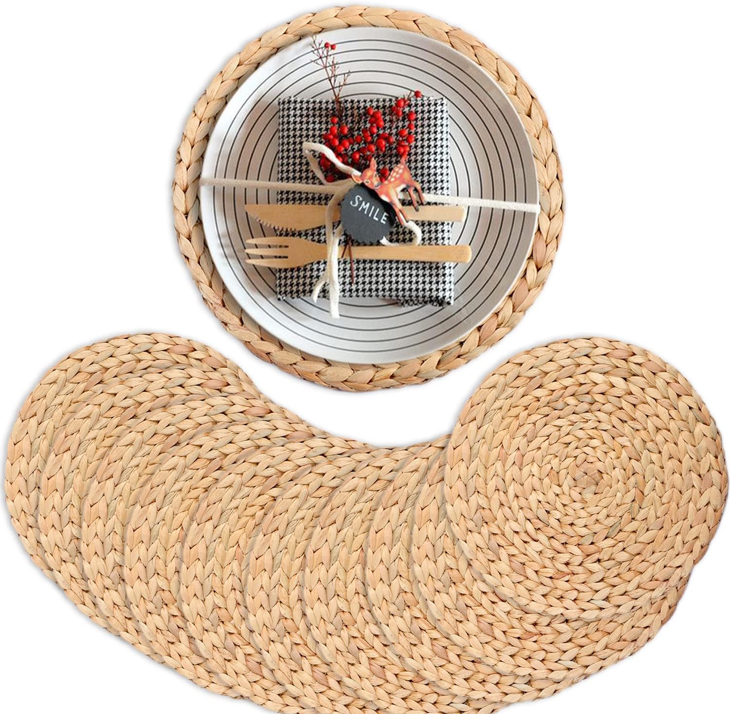 Round Placemats Set Of 10, Boho Table Mats Set Of 10, Woven Placemats For Round Table, chargers for dinner plates, Wicker Place Mats, Water Hyacinth Plate Mat, Individuales Para Mesa De Comedor 11.8in