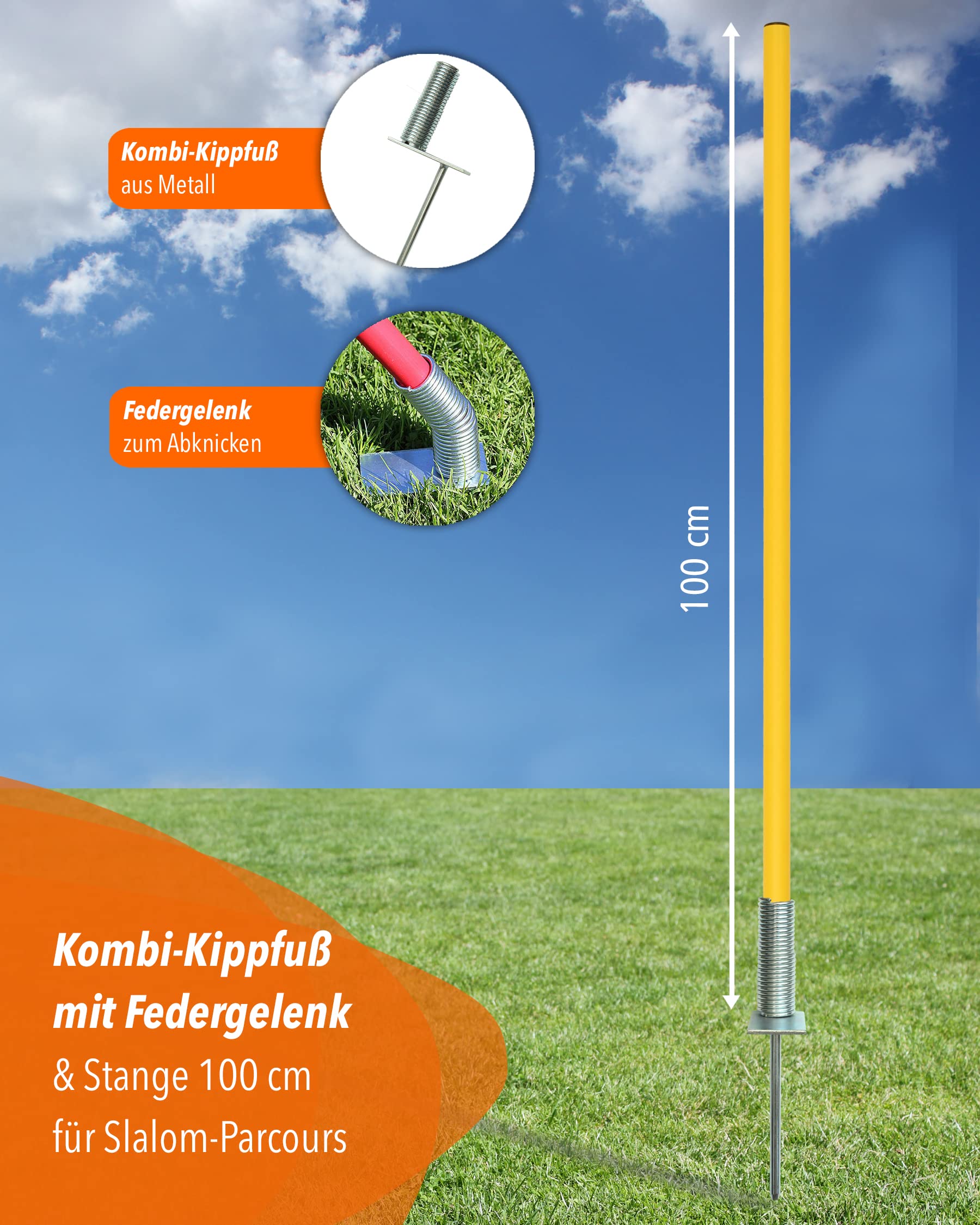 Kombi-Kippfuß aus Metall mit Slalomstange 100 cm – 4er Set – Stange mit Federgelenk – Slalom- & Koordinationstraining – für Fußball, Leichtathletik & Hundesport – Agility-Stangen