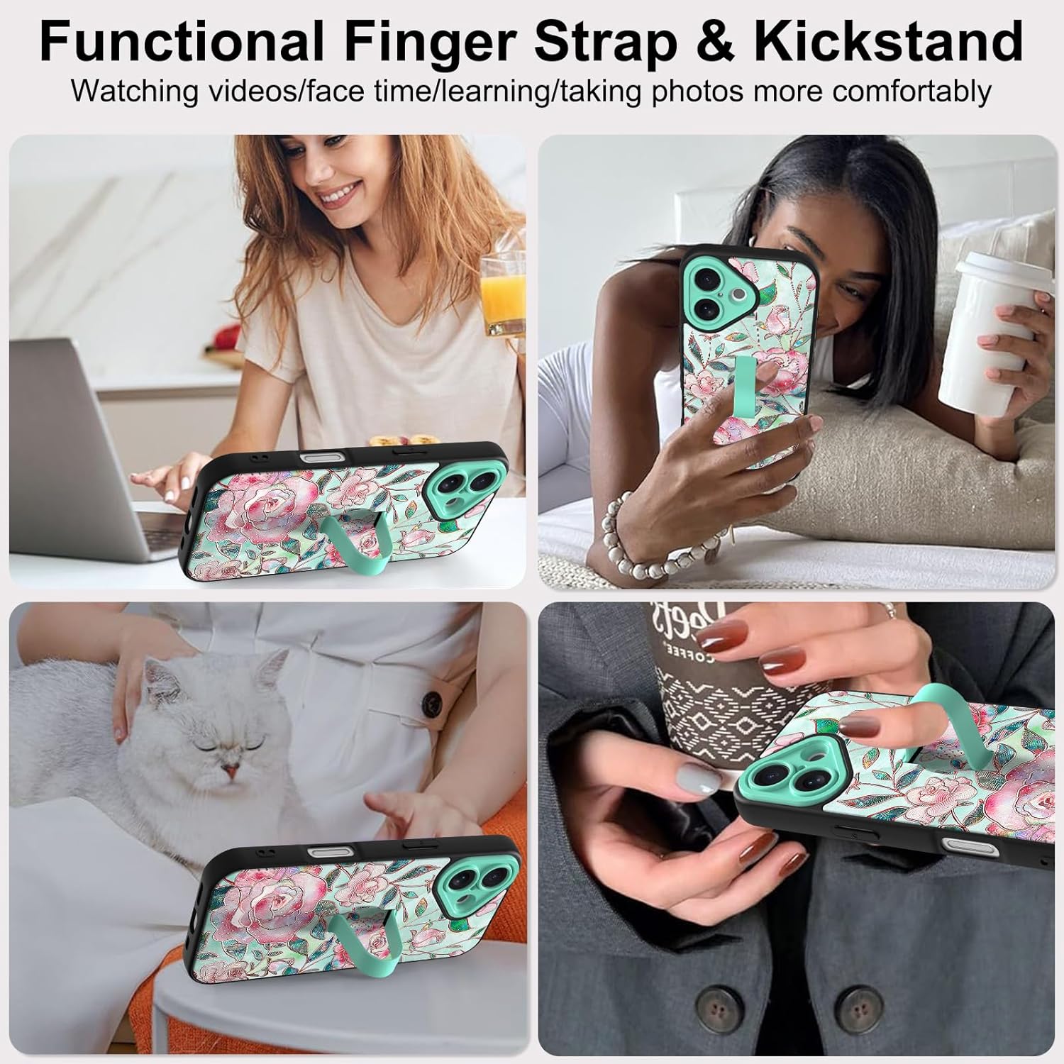 Compatible with iPhone 17 Case with Finger Strap Stand, Cute Flowers Print Phone Case for Women Girls, Full Camera Protection Shockproof Protective Cover, Glitter Rose