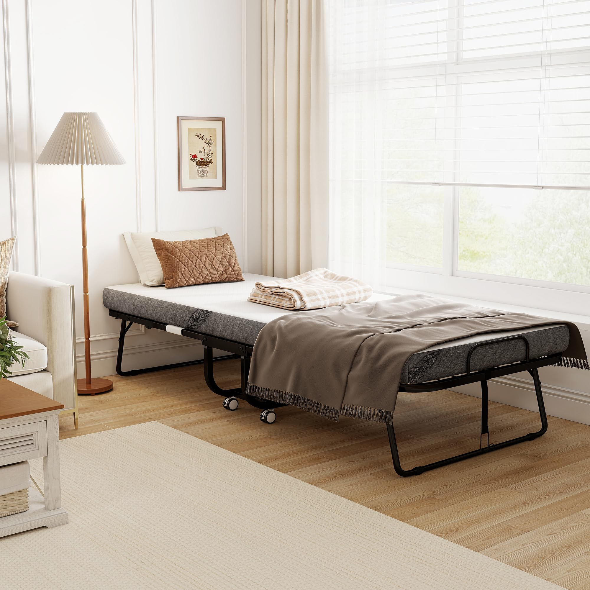 Cama plegable con colchón para adultos, tamaño individual, cama plegable portátil con marco de acero súper fuerte, 78.75 x 35.5 pulgadas, plegable, enrollable y escondido, color blanco