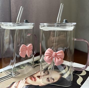 Girls Lovely Delicate Bownot Glass Cup with Glass Straws and Plastic Lids, Lemon Tea, Milk Cup For Home, Office, Dining Room 2 Pack, 24.5 oz