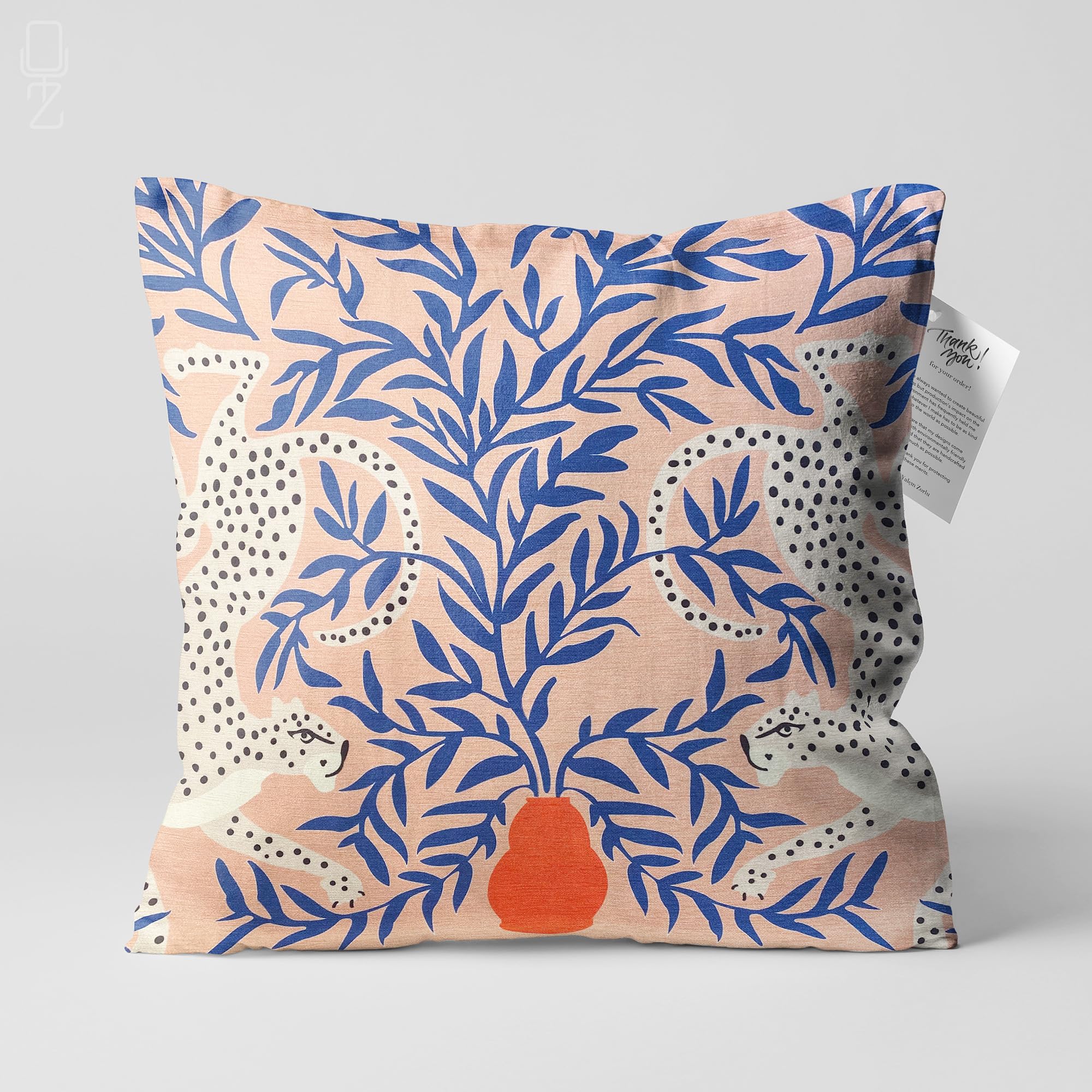 Oyzshop Pink Orange And Blue Ethnic Cushion Cover, Double Cheetahs In Blue Leaves, Double Sided On The Soft Velvet Fabric, Multi Size Options, Oeko-Tex 40X40cm (16X16 Inches)