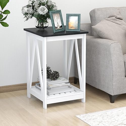 Mesa auxiliar cuadrada de granja, mesa auxiliar con diseño de listones, mesa auxiliar de noche para sofá con marco resistente para sala de estar y