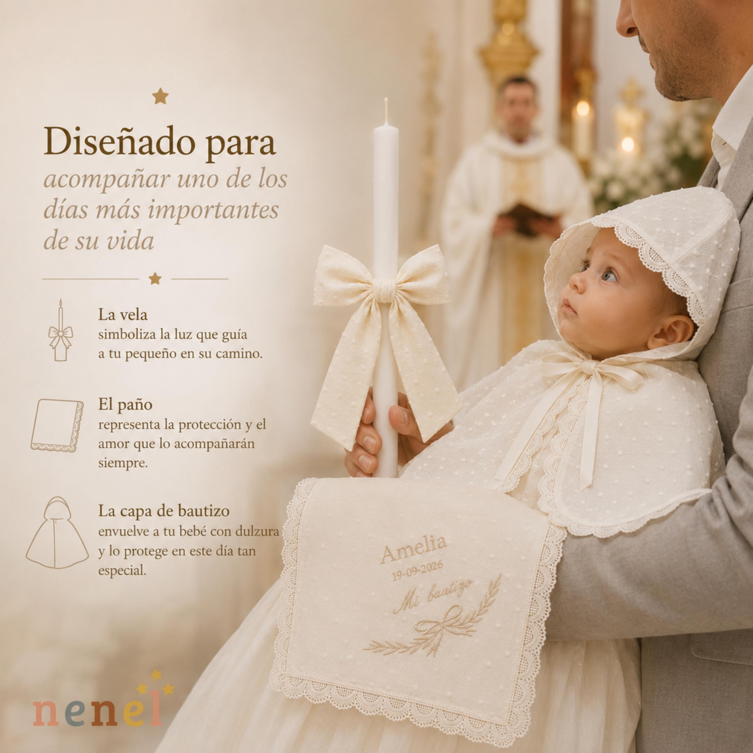 Nenel | Kit de Bautizo Personalizado con Capa Bautismal, Vela y Paño Bordado Plumeti | 6, 12 y 18 Meses | Regalo Original Bautismo con Nombre y Fecha Bordados