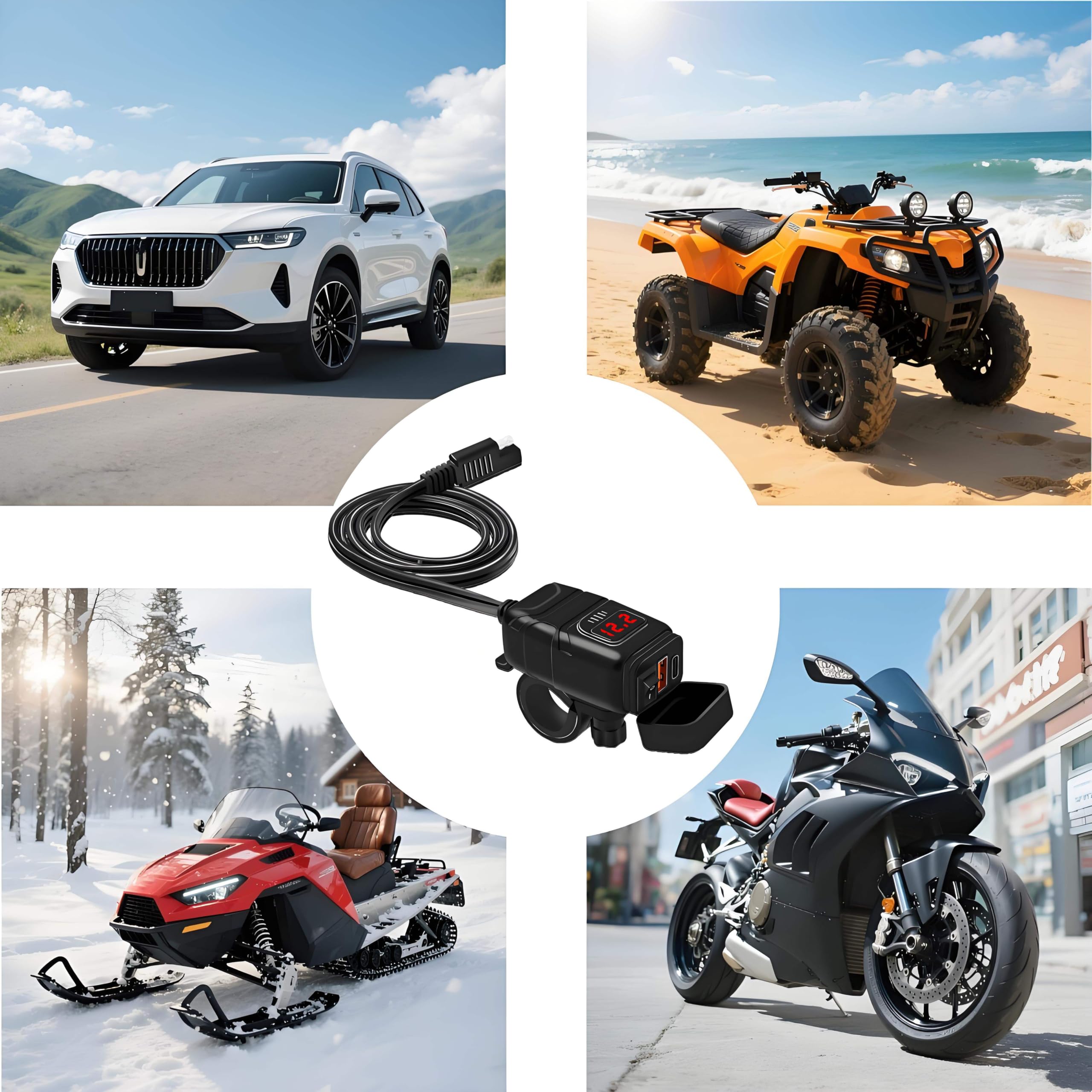 Dwupak 2-portowy port USB typu C, ładowarka motocyklowa, szybkie ładowanie z woltomierzem, do telefonu, wodoodporny, ATV, UTV, uchwyt na kierownicę łodzi, czerwony